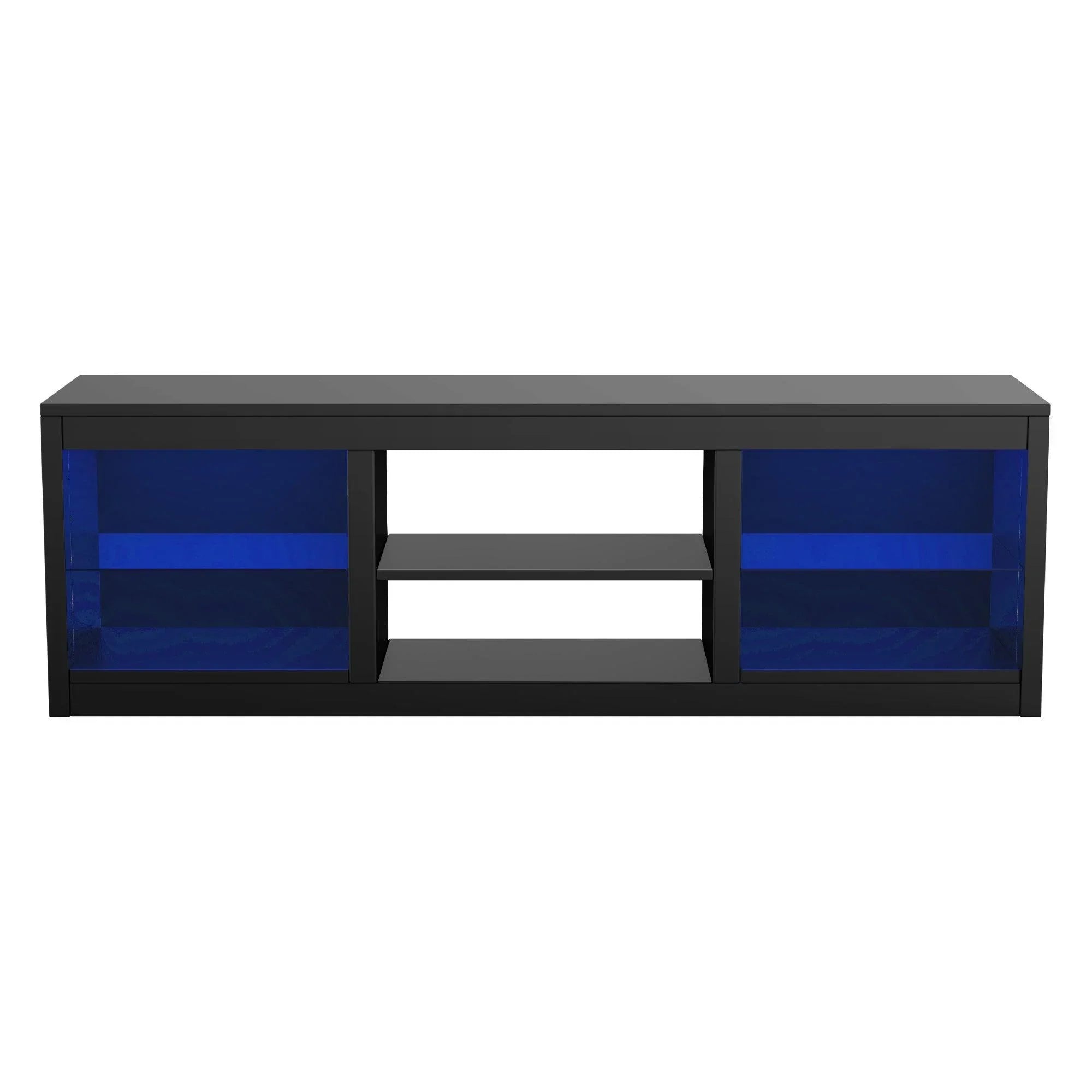 Centro de entretenimiento moderno con soporte para TV LED de 66" y estantes de vidrio para sala de estar