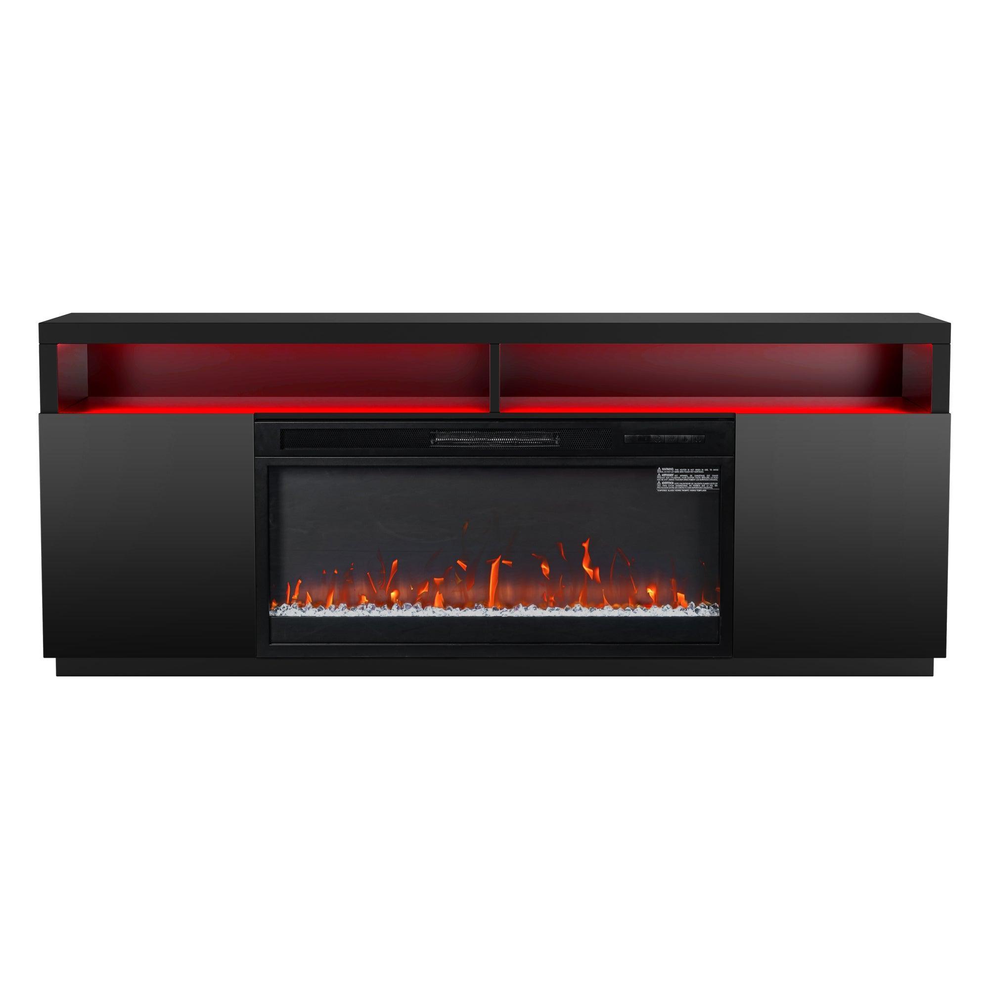 Moderno soporte para TV LED de 68" con chimenea eléctrica de 36" para sala de estar, en blanco o negro.