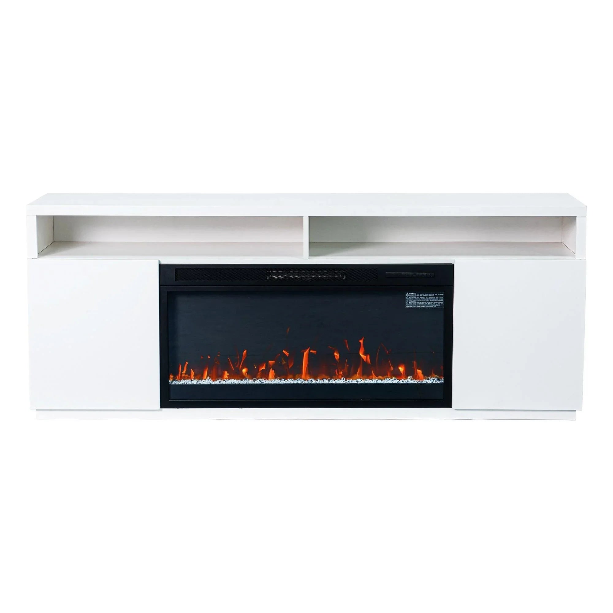 Moderno soporte para TV LED de 68" con chimenea eléctrica de 36" para sala de estar, en blanco o negro.