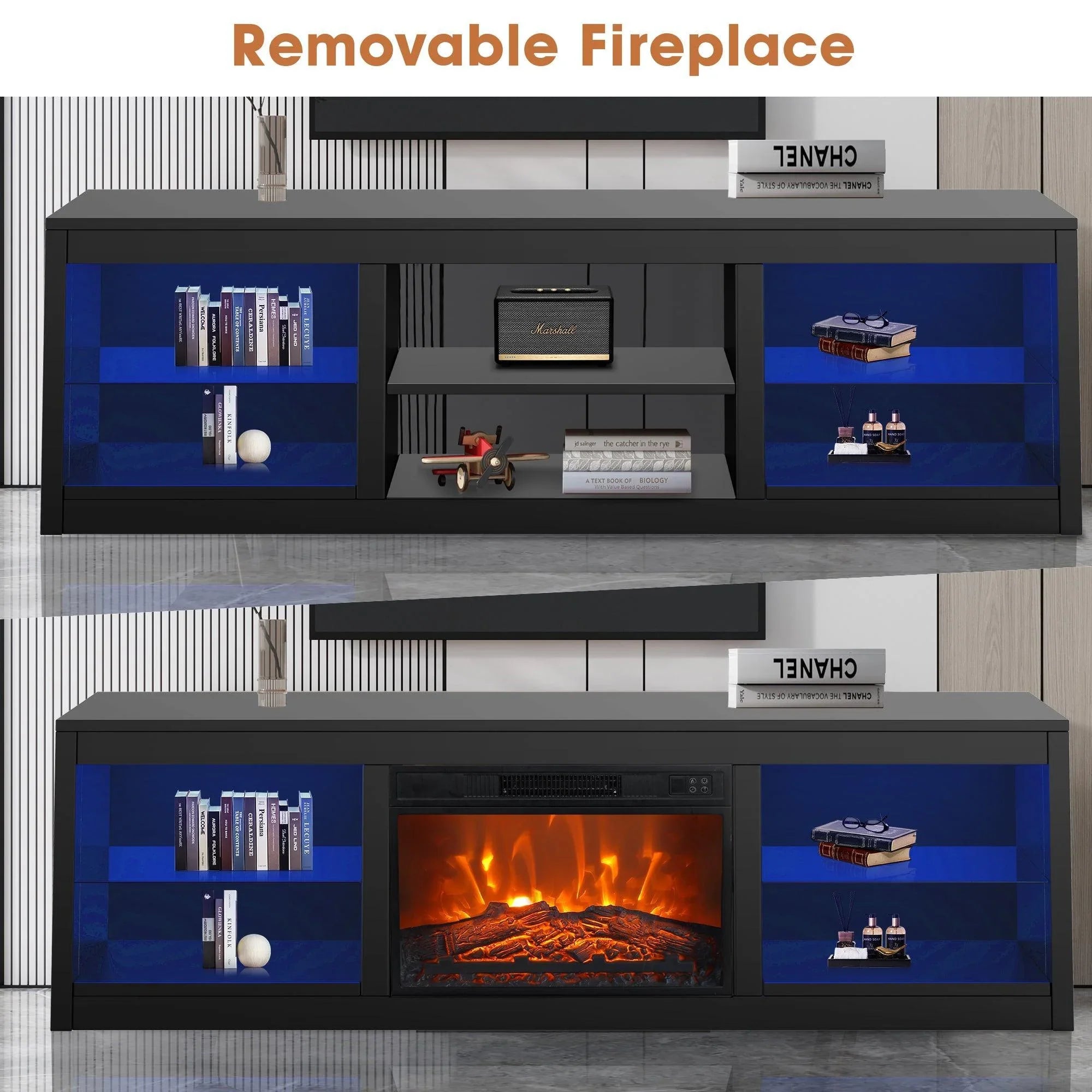 Moderno mueble para TV LED de 66" con chimenea eléctrica de 23" para sala de estar