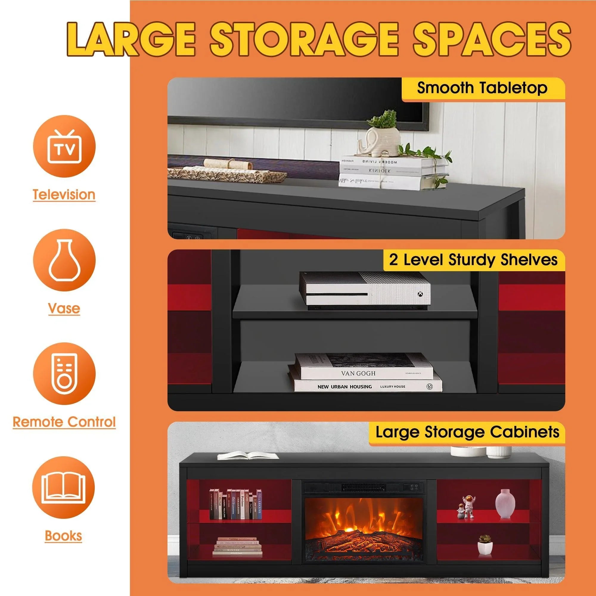 Moderno mueble para TV LED de 66" con chimenea eléctrica de 23" para sala de estar