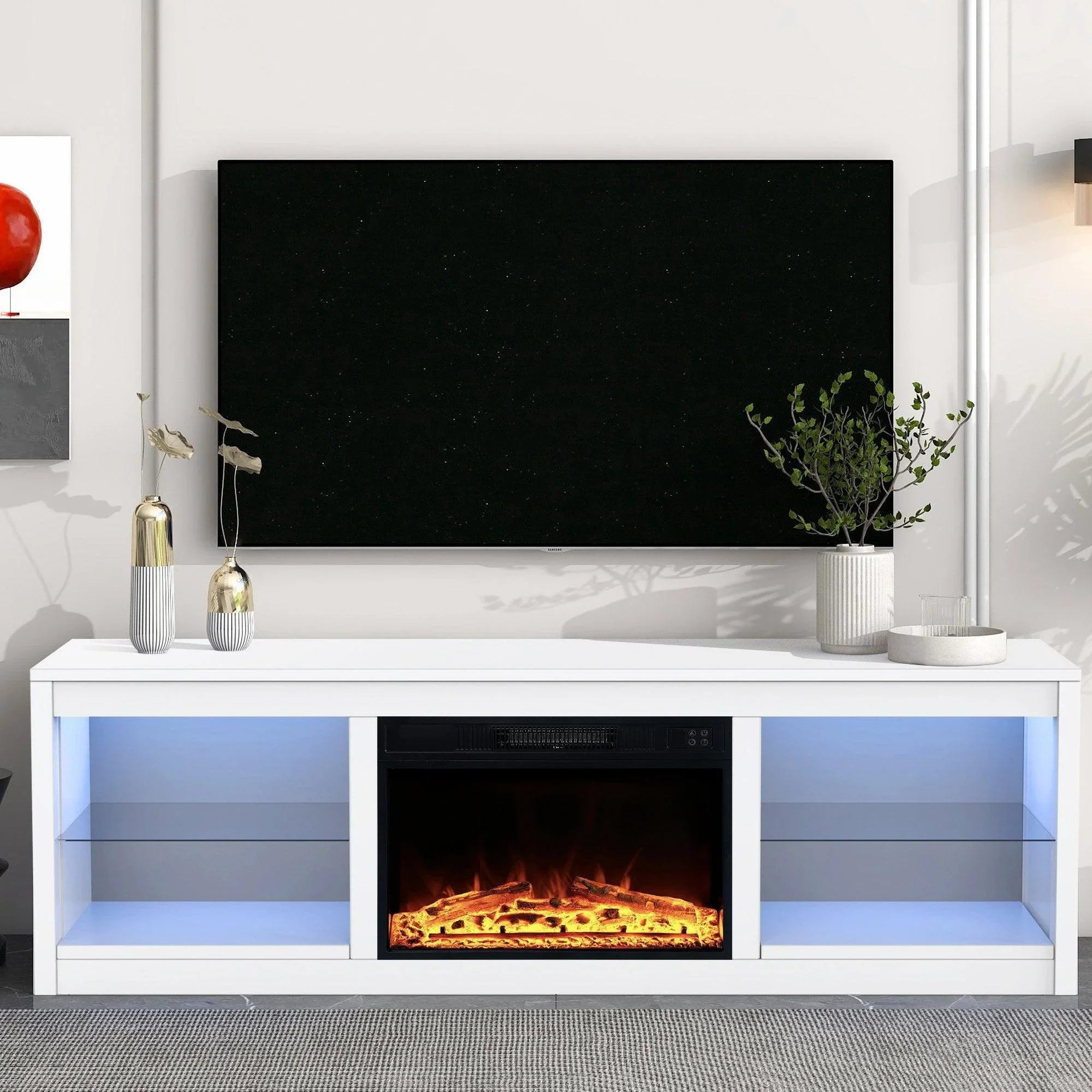 Moderno mueble para TV LED de 66" con chimenea eléctrica de 23" para sala de estar