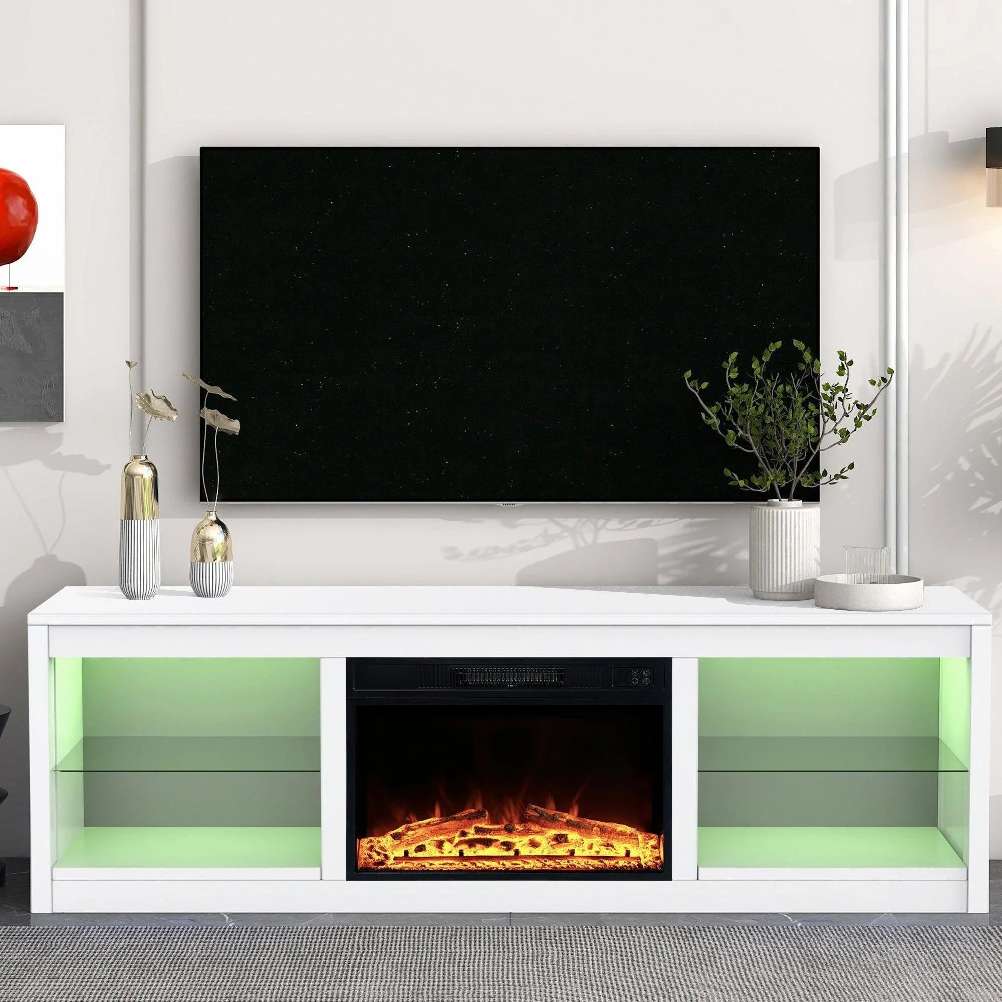 Moderno mueble para TV LED de 66" con chimenea eléctrica de 23" para sala de estar