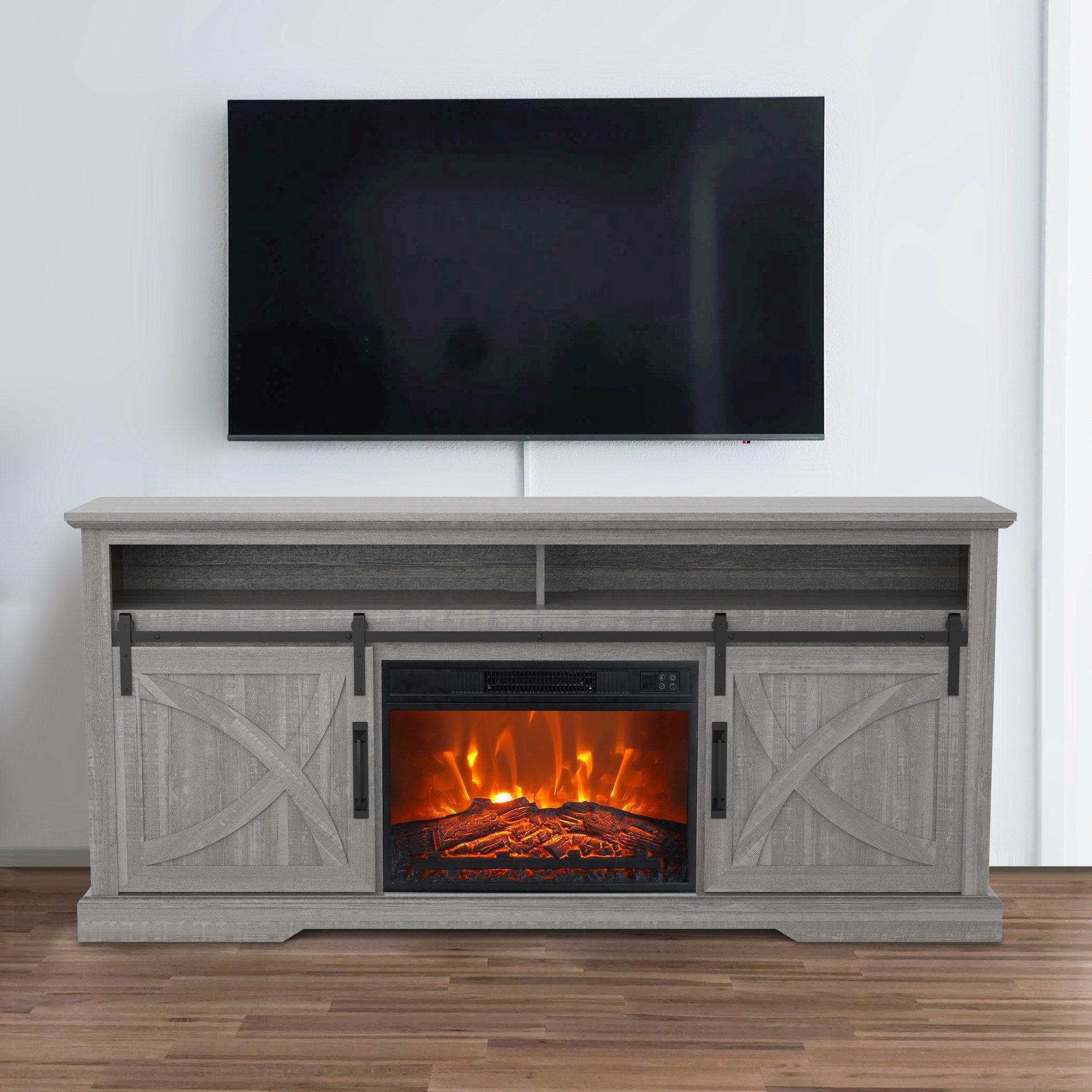 Mueble de TV estilo granja de 68" con chimenea eléctrica con abertura de inserción de 23"