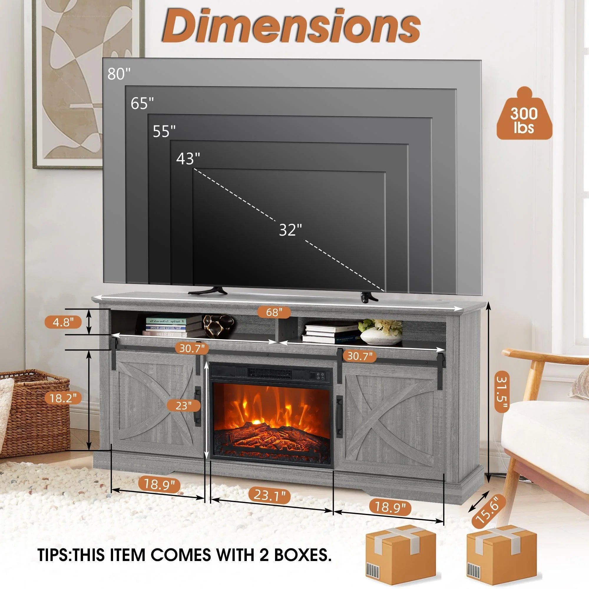 Mueble de TV estilo granja de 68" con chimenea eléctrica con abertura de inserción de 23"