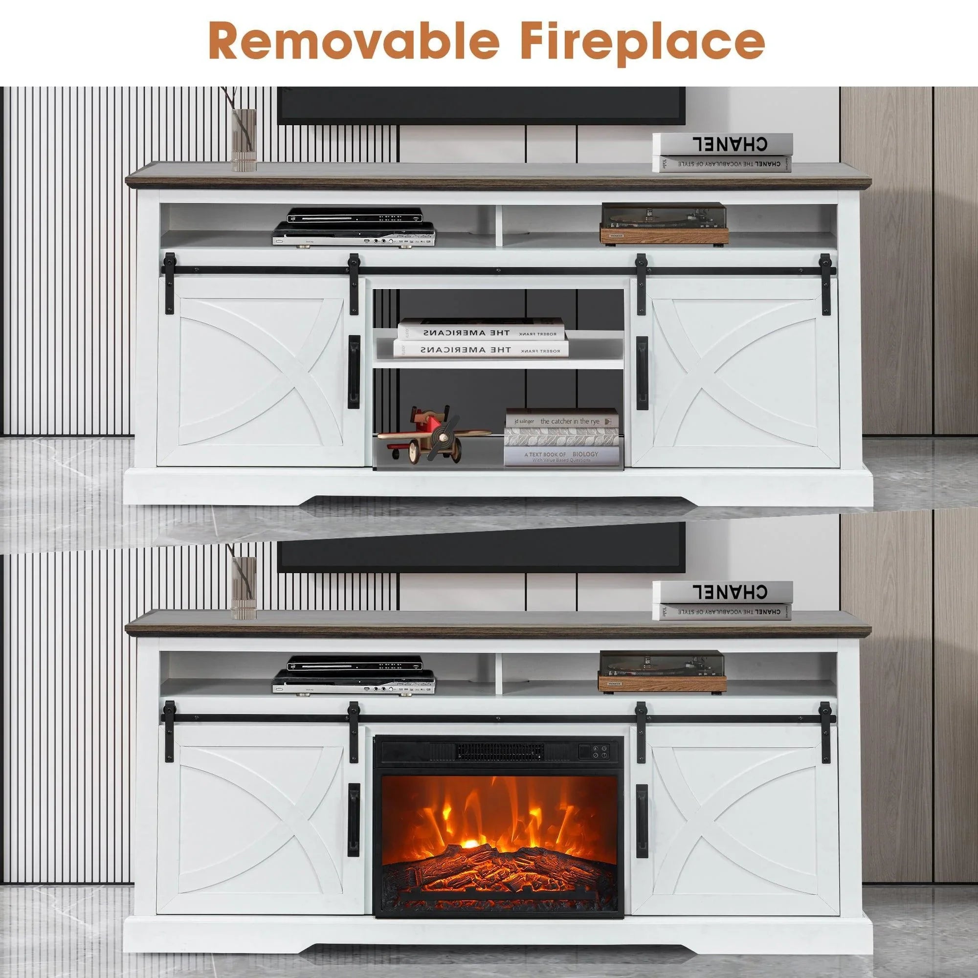 Mueble de TV estilo granja de 68" con chimenea eléctrica con abertura de inserción de 23"