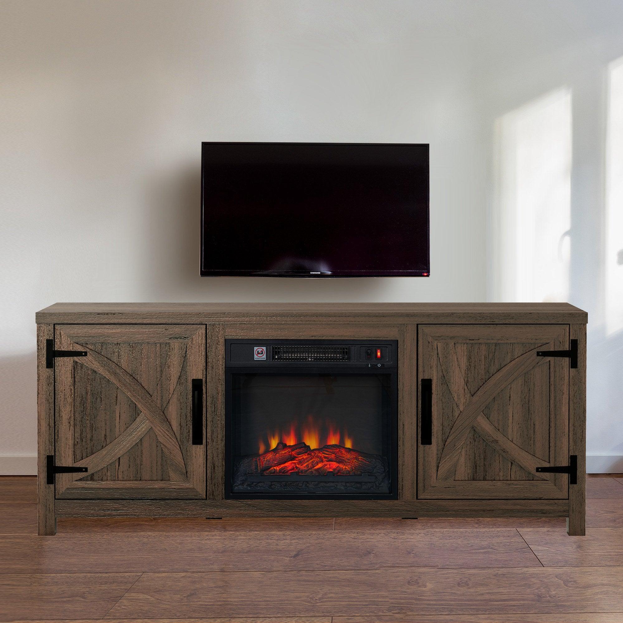 58" Farmhouse TV Stand with 18" Insert Electric Fireplace for Living Room
