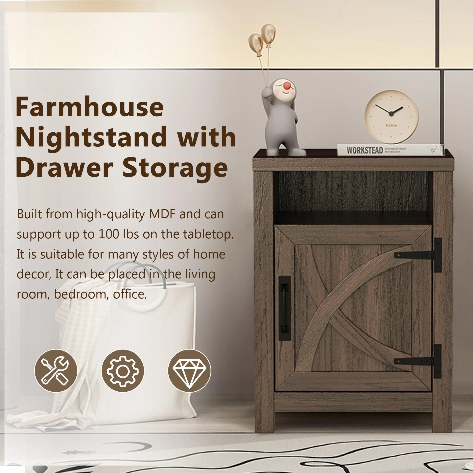 Mesita de noche rústica de madera maciza de 45 cm para dormitorio en marrón, gris o blanco