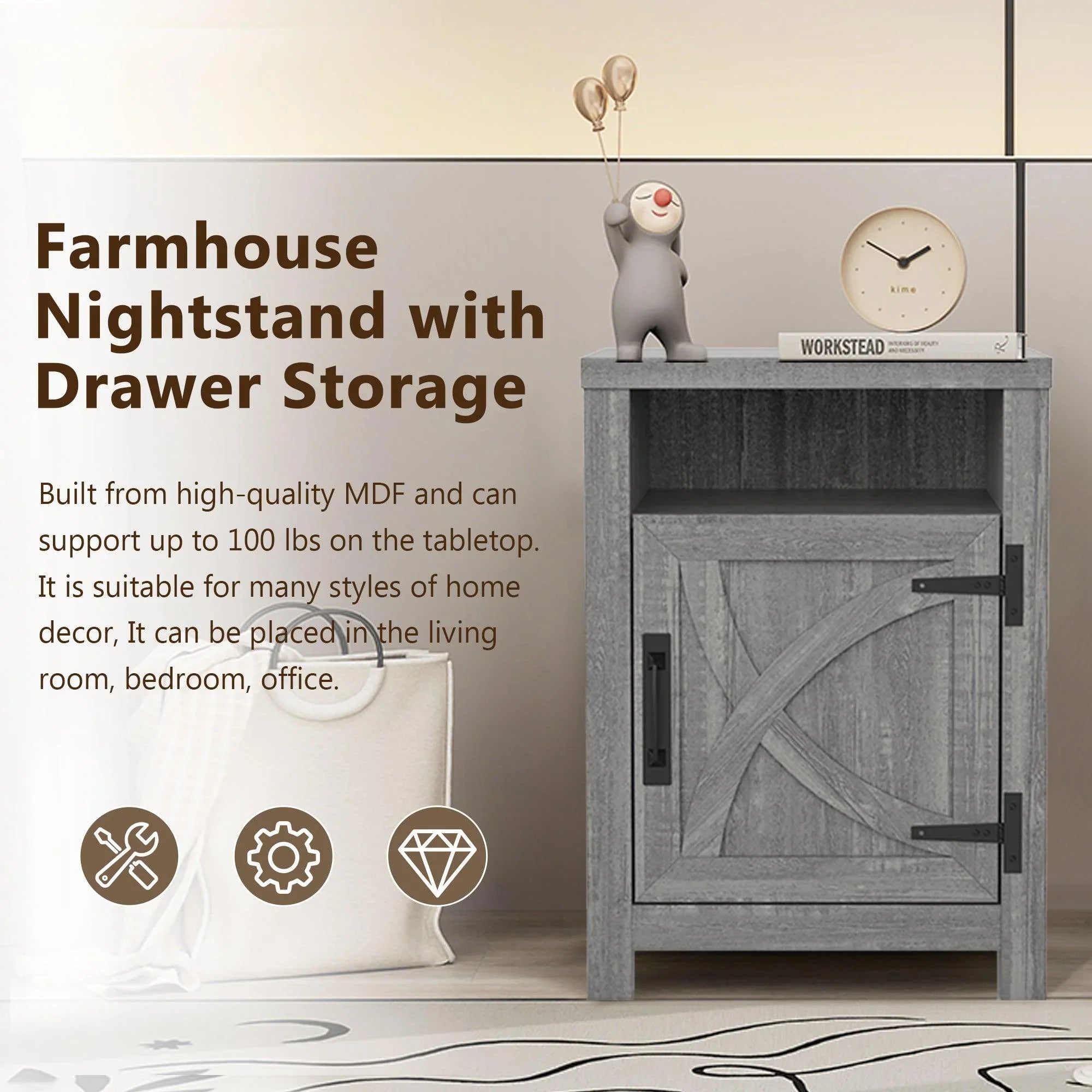 Mesita de noche rústica de madera maciza de 45 cm para dormitorio en marrón, gris o blanco