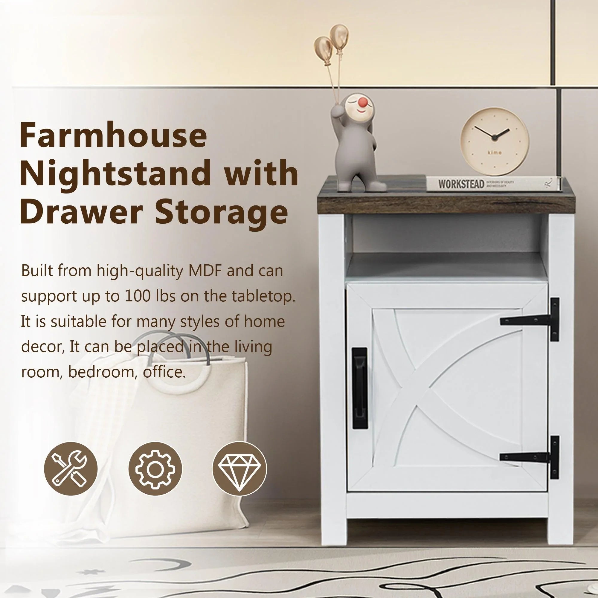 Mesita de noche rústica de madera maciza de 45 cm para dormitorio en marrón, gris o blanco