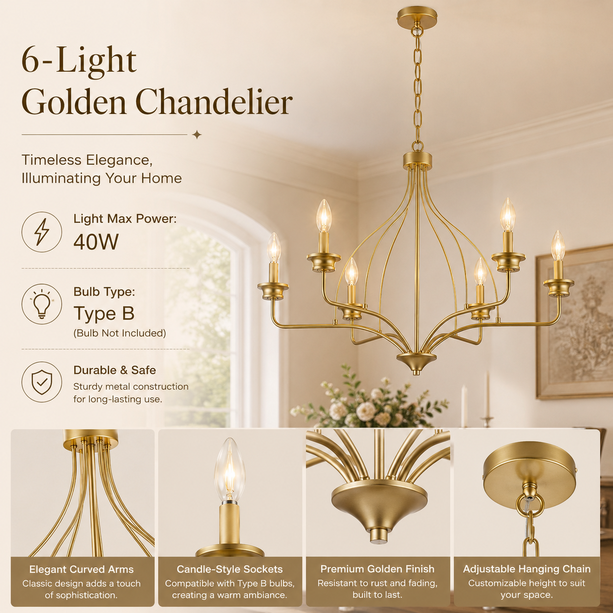Rock Modern 6-Light Golden Chandelier