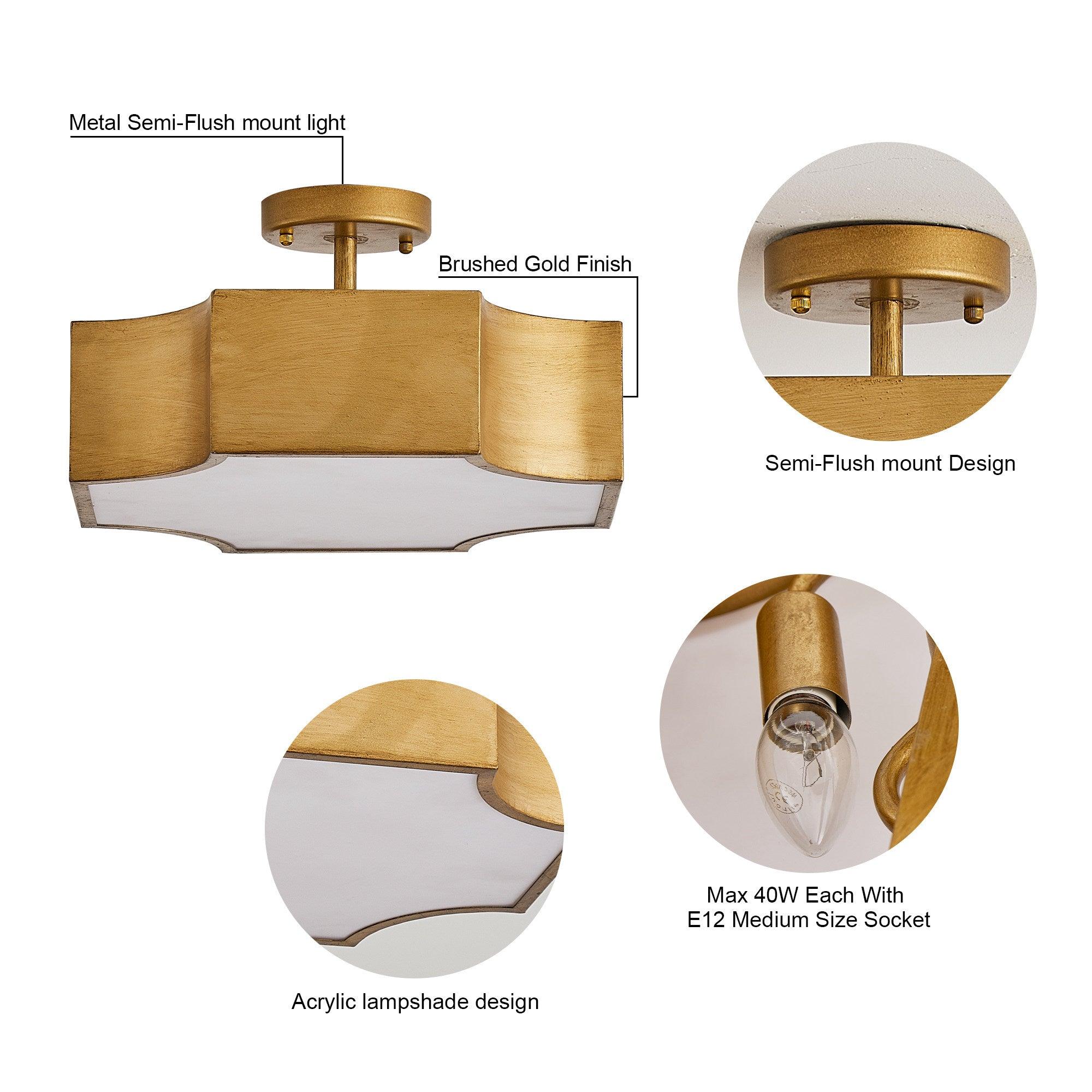 3-Light Vintage Golden LED Semi Flush Mount Light for Entrance, Closet, Kitchen