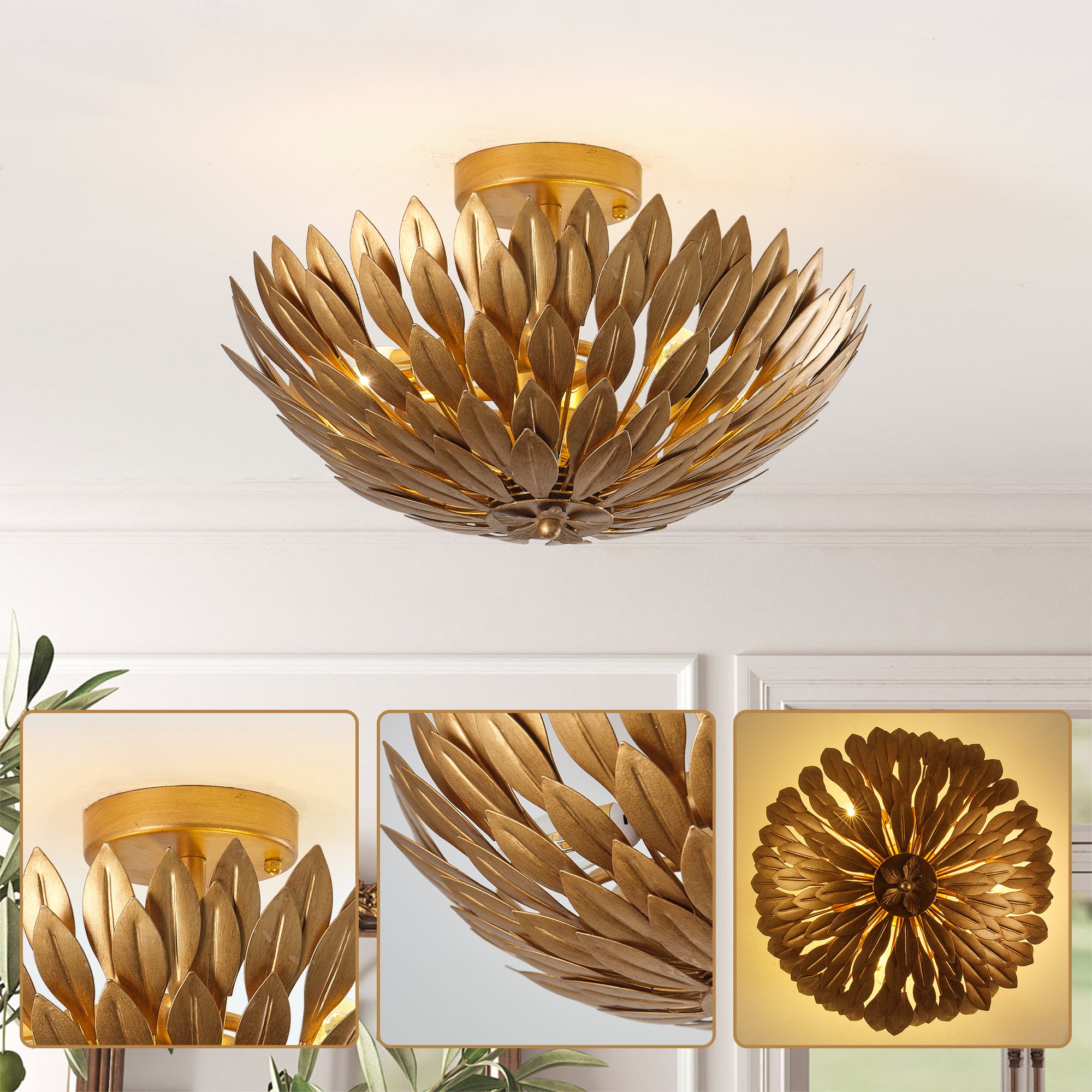 16 Inch 3-Light Farmhouse Golden Semi-Flush Mount Ceiling Lighting