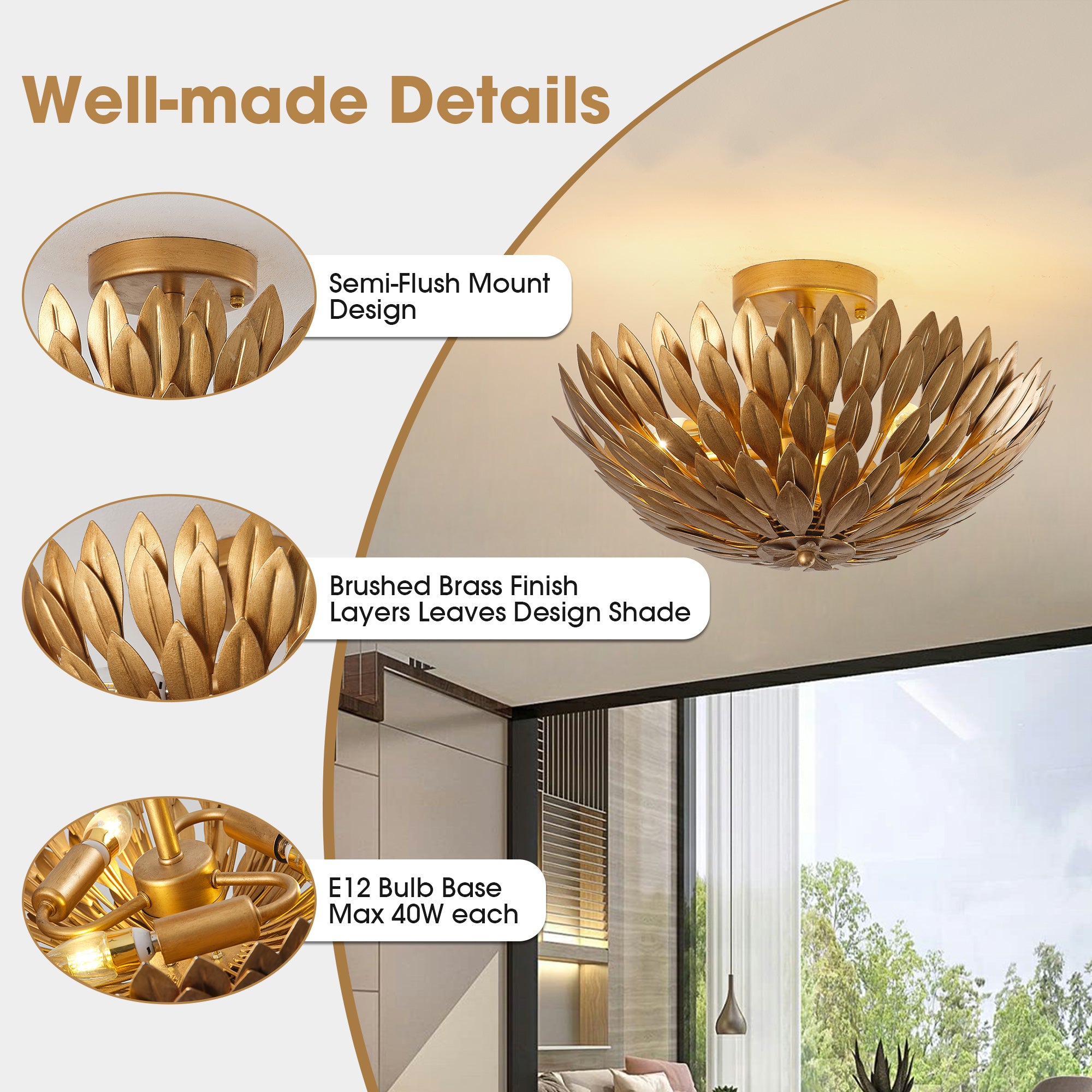 16 Inch 3-Light Farmhouse Golden Semi-Flush Mount Ceiling Lighting