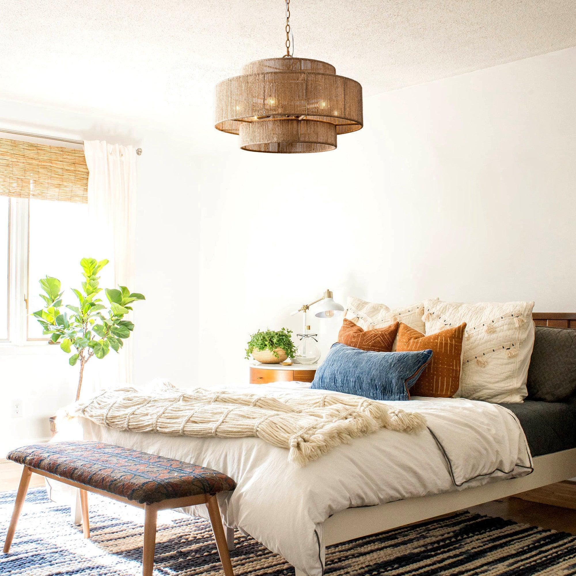 Lámpara de tambor de 6 luces en oro antiguo bohemio con montaje en varilla y pantalla de cuerda natural