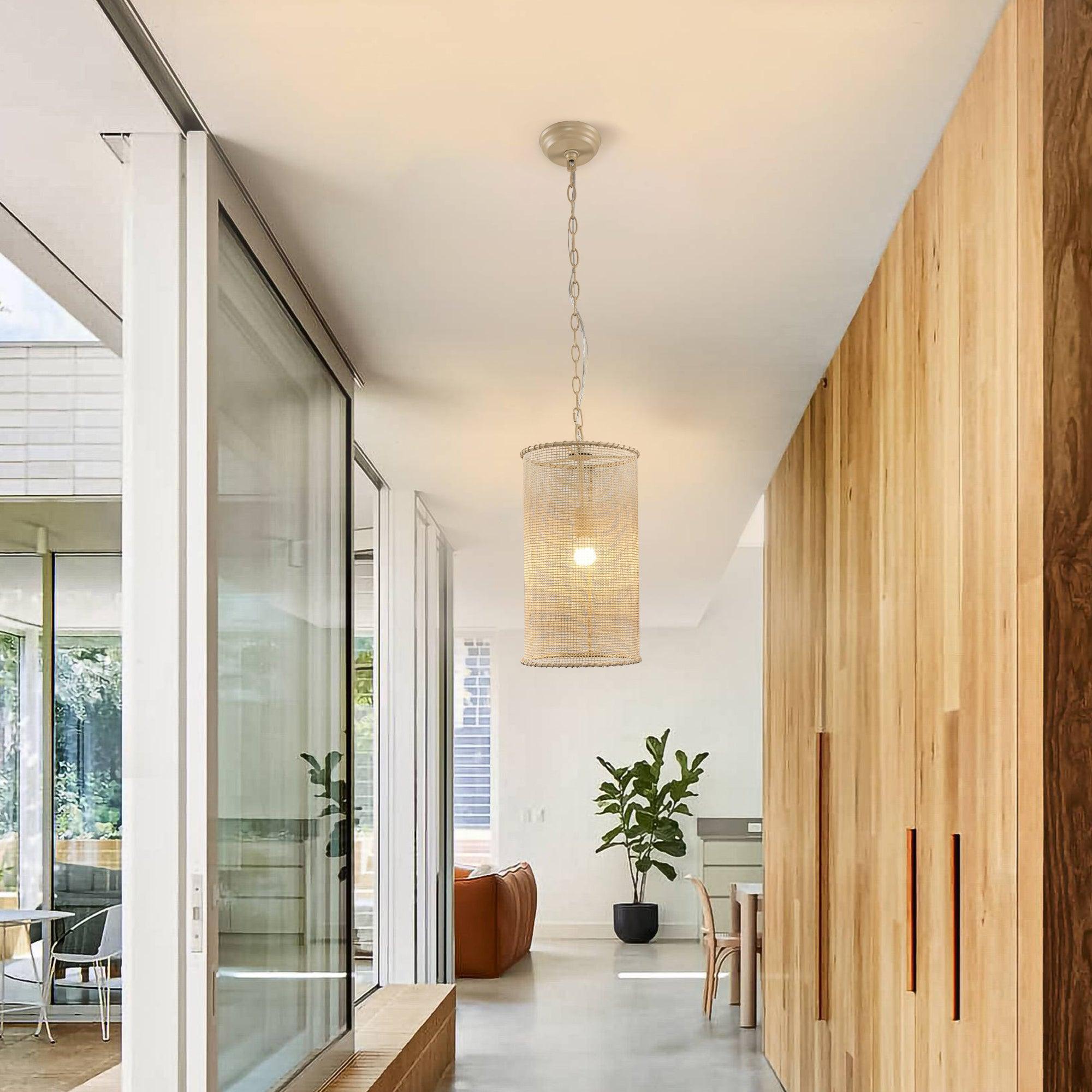 Lámpara colgante de 1 luz con cuentas de madera, estilo rústico beige, apta para zonas secas
