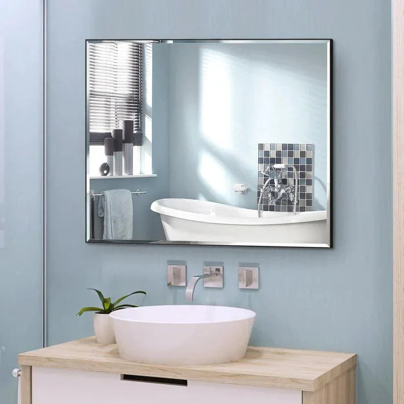Espejo de pared biselado con marco de aluminio negro moderno y elegante Reflections