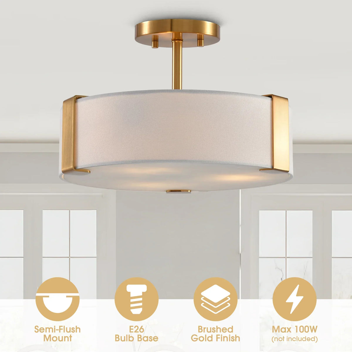 14 Inch Ella 3-Light Electroplate Golden Semi-Flush Mount Ceiling Light