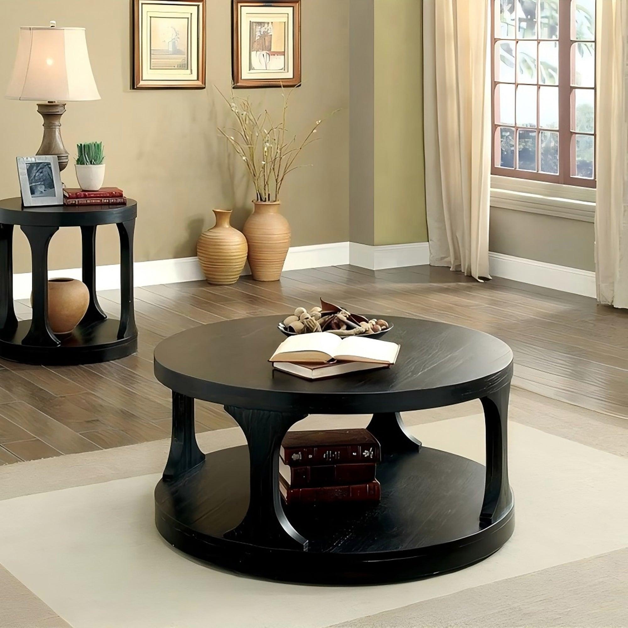 Mesa de centro redonda de 45 cm de alto con estante abierto, color negro antiguo