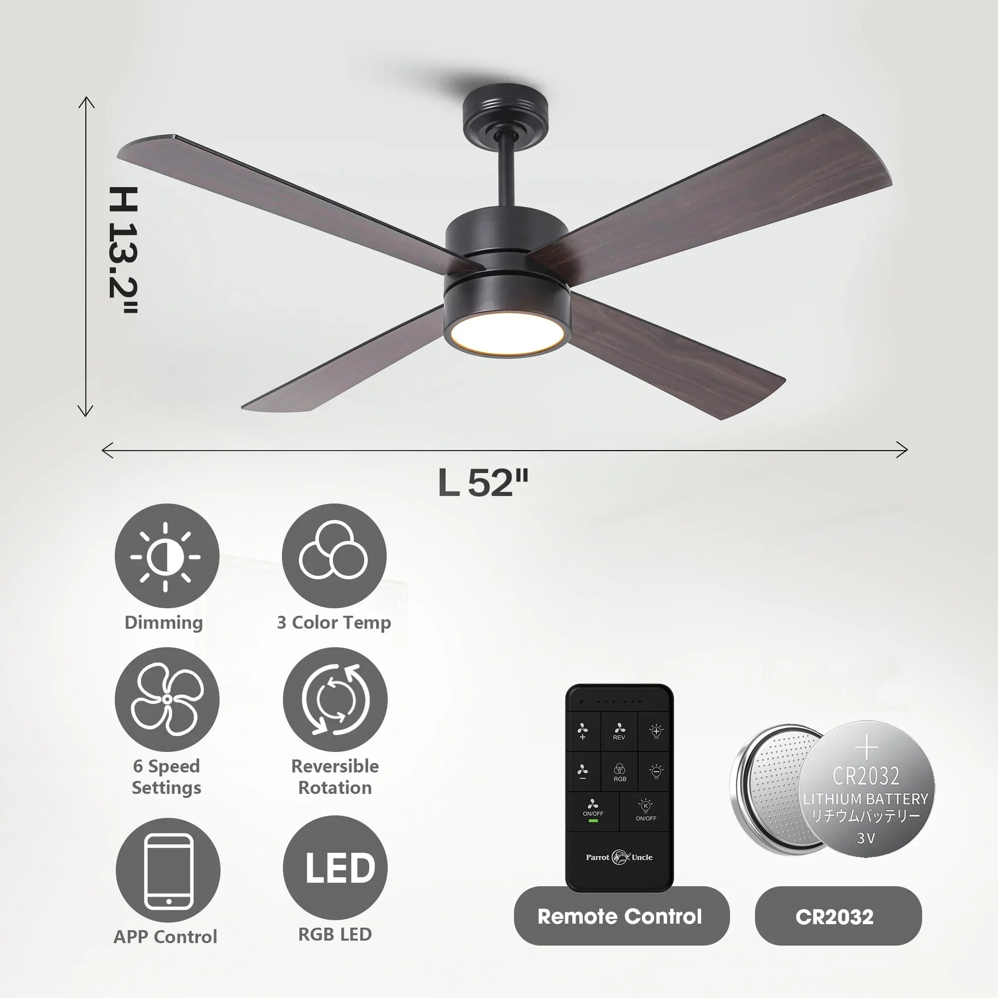 52 Inch Bucholz Industrial Dimmable RGB LED Ceiling Fan with Remote and APP Control