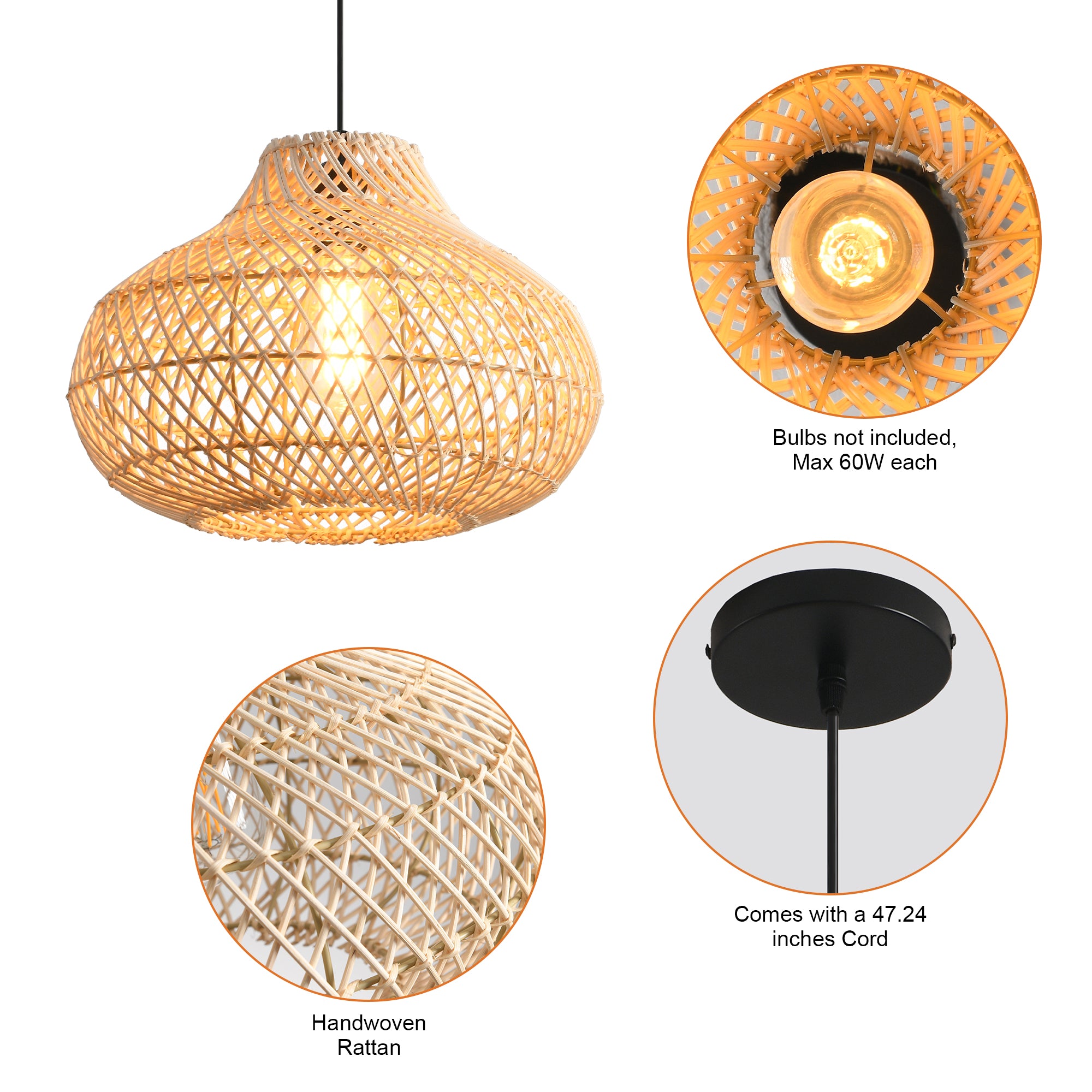 19" Winston Bohemian Handwoven Rattan Island Pendant Light