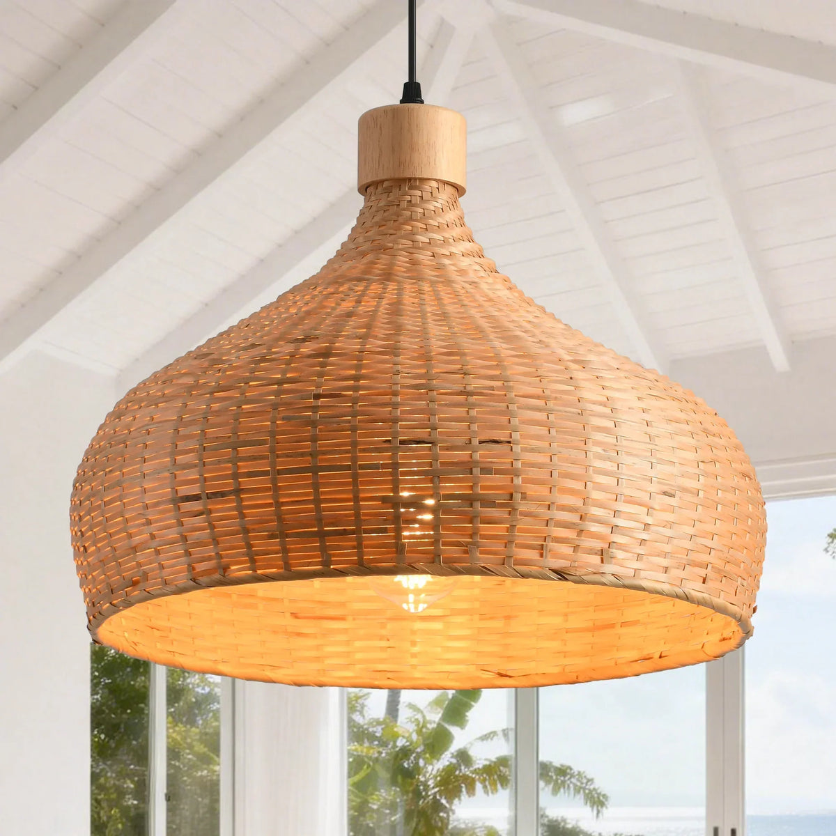 18" Winfred Bohemian Handwoven Bamboo Island Pendant Light