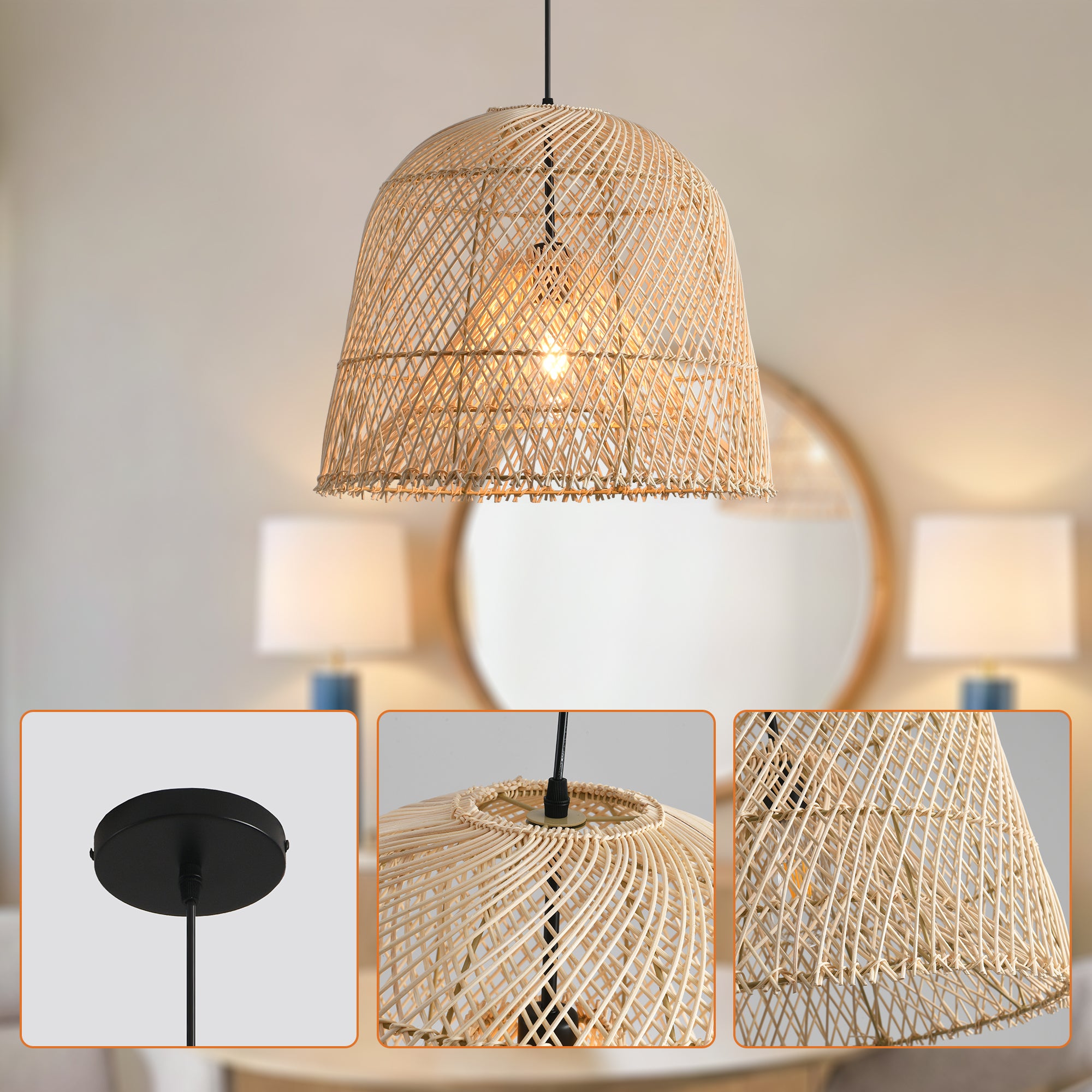 15" Wendell Bohemian Handwoven Rattan Island Pendant Light