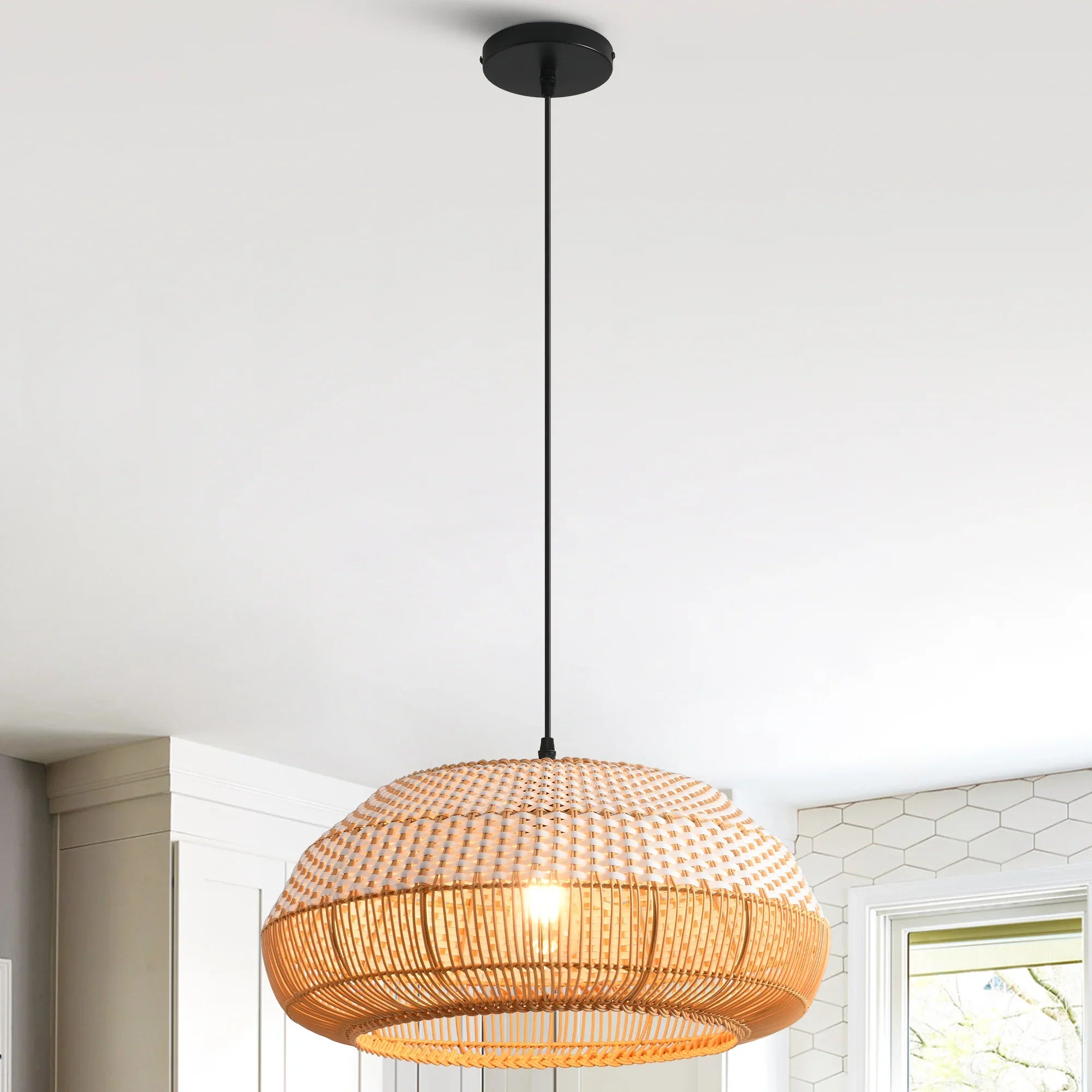 19" Webster Bohemian Handwoven Rattan Island Pendant Light