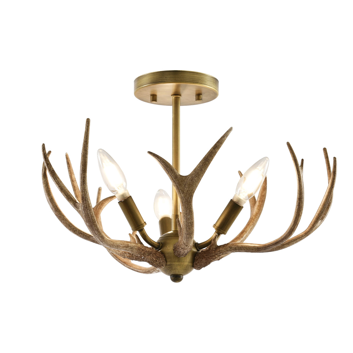Mick 3-Light Antique Brass Antler Semi-Flush Mount Ceiling Light