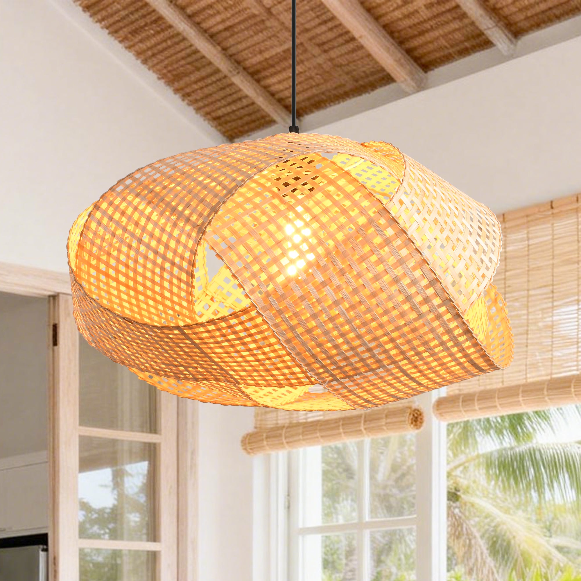20" Upton Bohemian Handwoven Bamboo Island Pendant Light