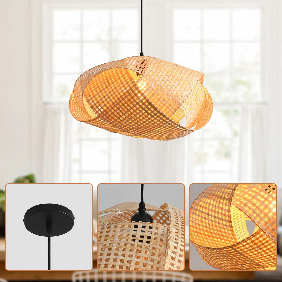 20" Upton Bohemian Handwoven Bamboo Island Pendant Light