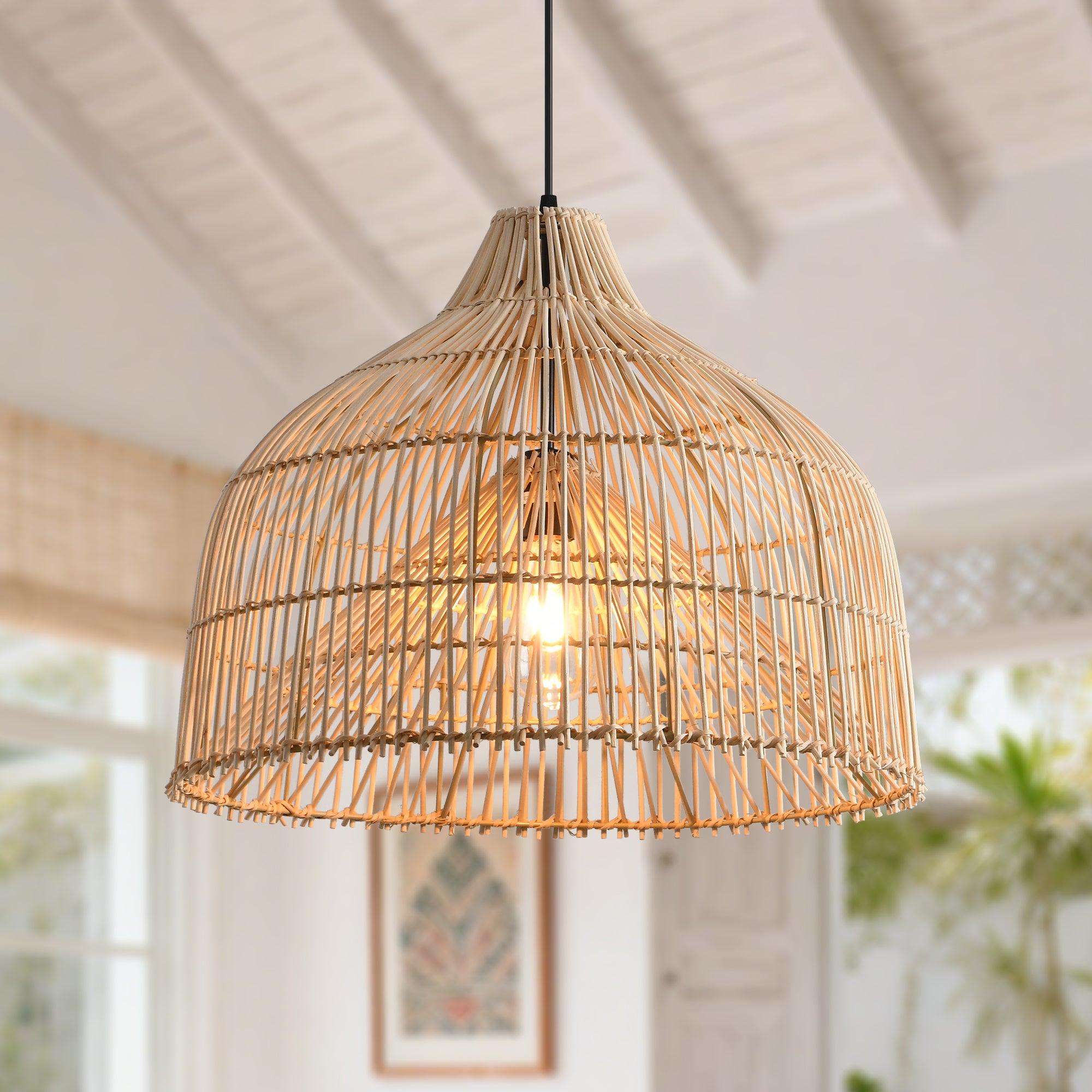 20" Ulysses Bohemian Handwoven Rattan Island Pendant Light