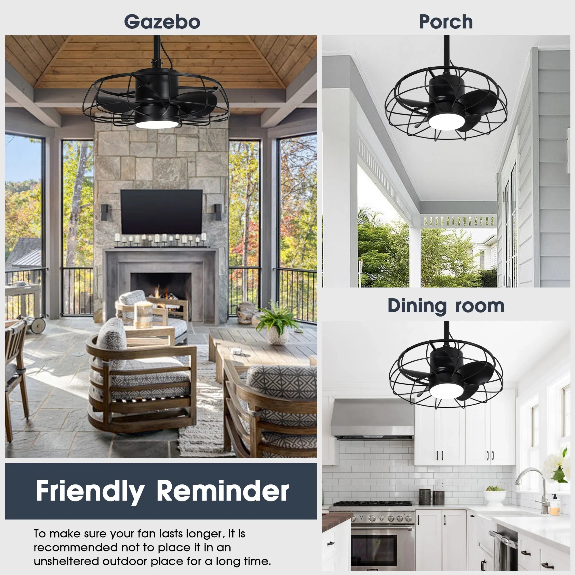 Ventilador de techo industrial Vistula de 20 pulgadas con motor de CC para exteriores, color negro, con hebilla colgante y varilla bajante, con luz