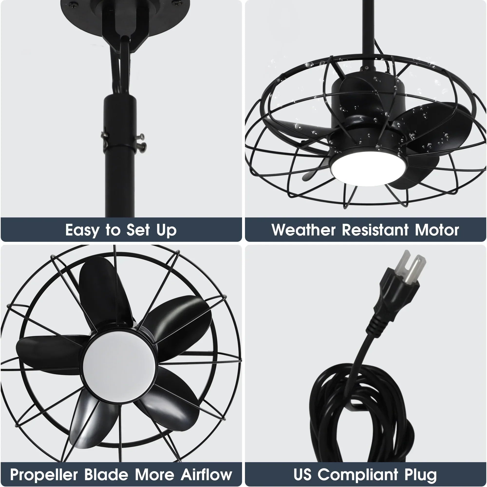 20 Inch Vistula Outdoor DC Motor Black Industrial Hanging Buckle Downrod Ceiling Fan with Light