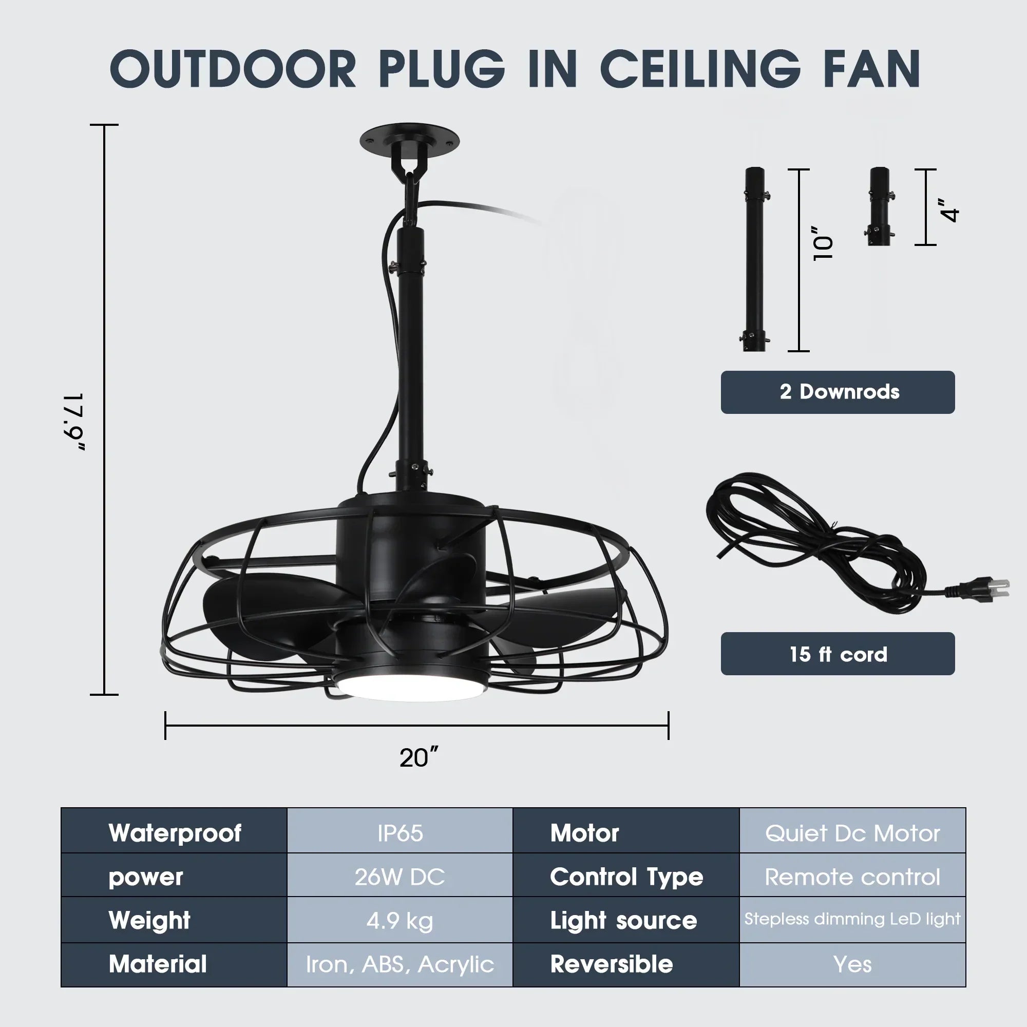 20 Inch Vistula Outdoor DC Motor Black Industrial Hanging Buckle Downrod Ceiling Fan with Light