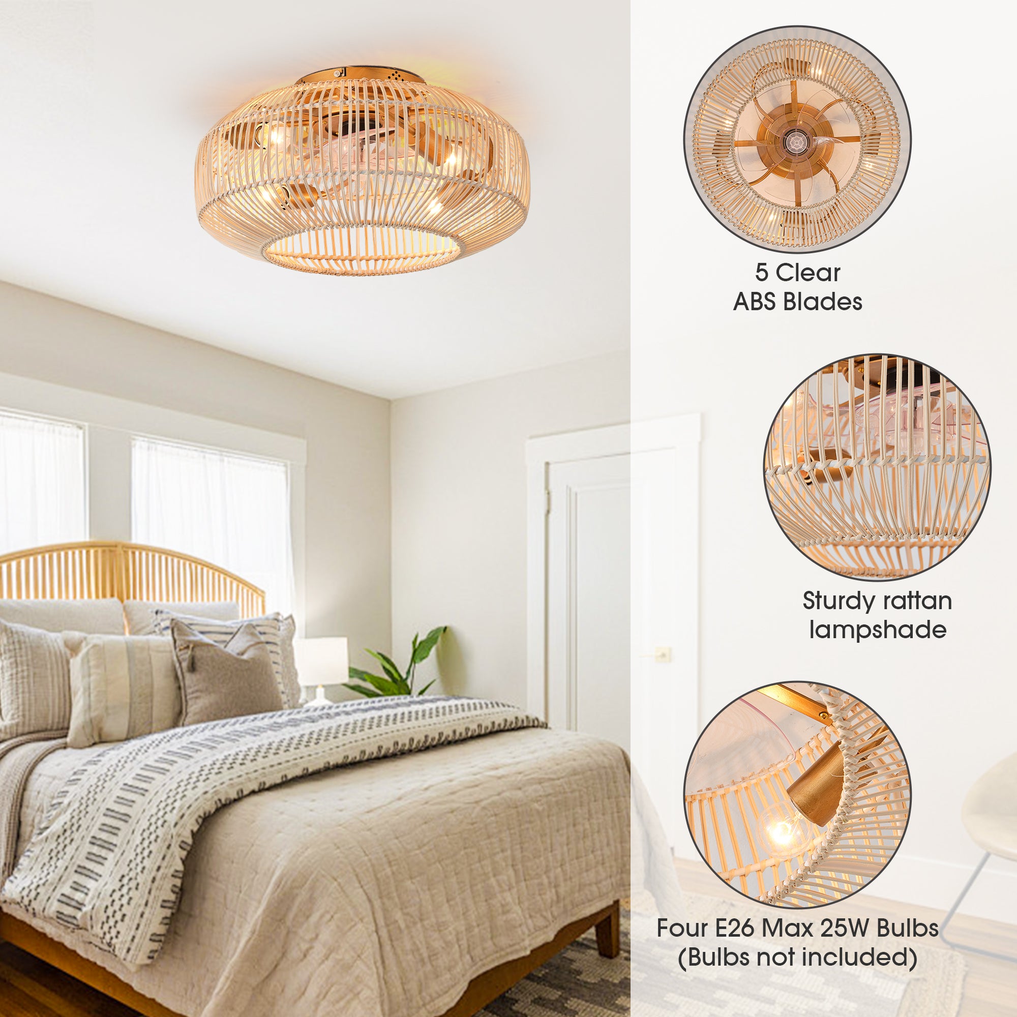 20 Inch Mandy Retro Golden Flush Mount Ceiling Fan with Light and Remote Control