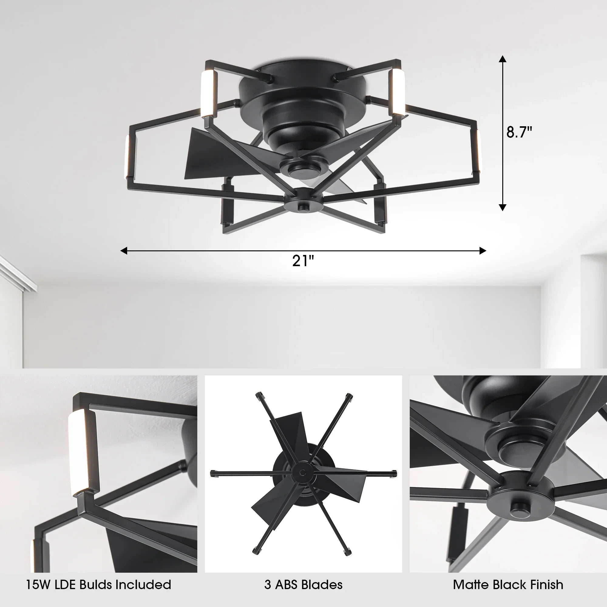 21 Inch Wade Black Industrial Flush Mount LED Ceiling Fan