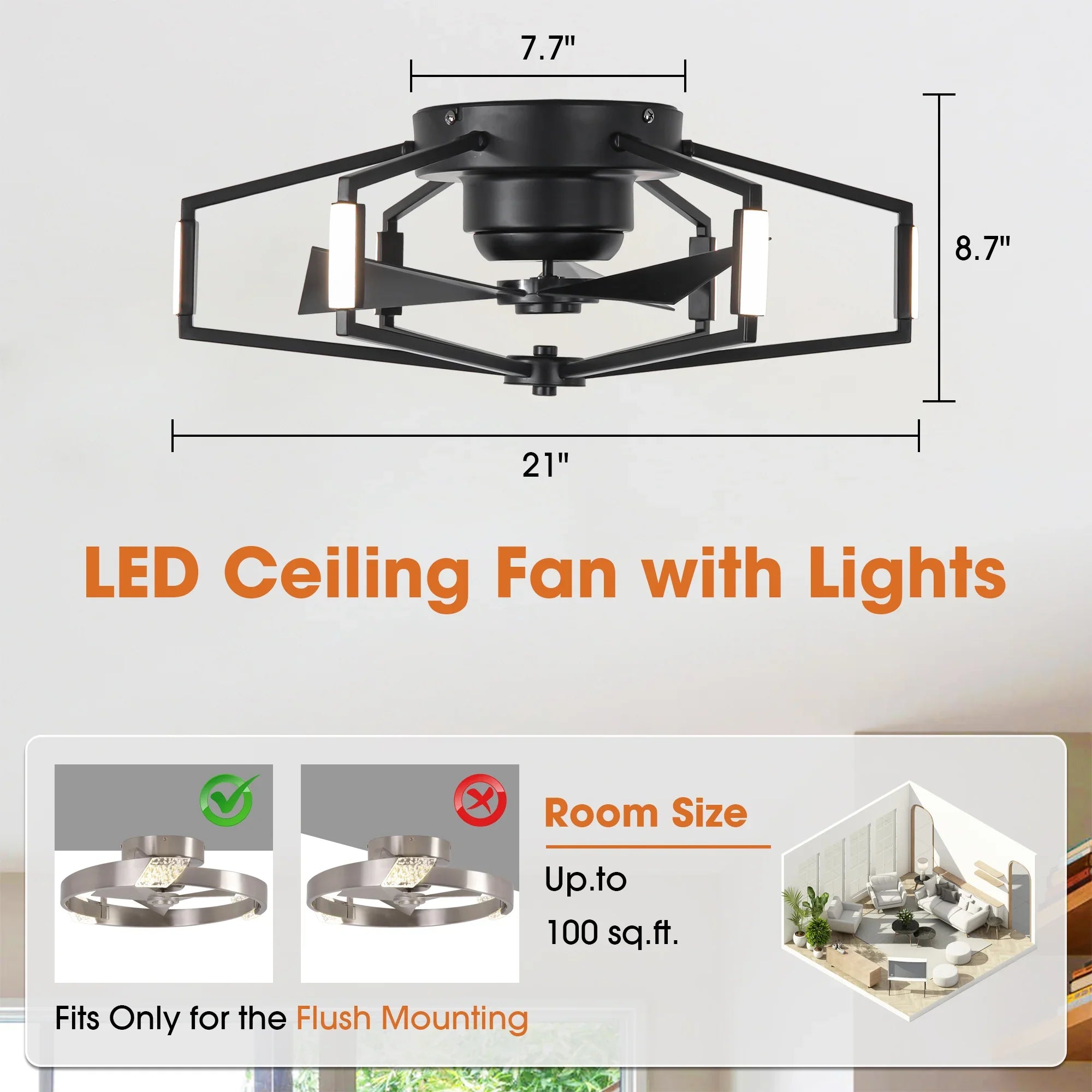 21 Inch Wade Black Industrial Flush Mount LED Ceiling Fan