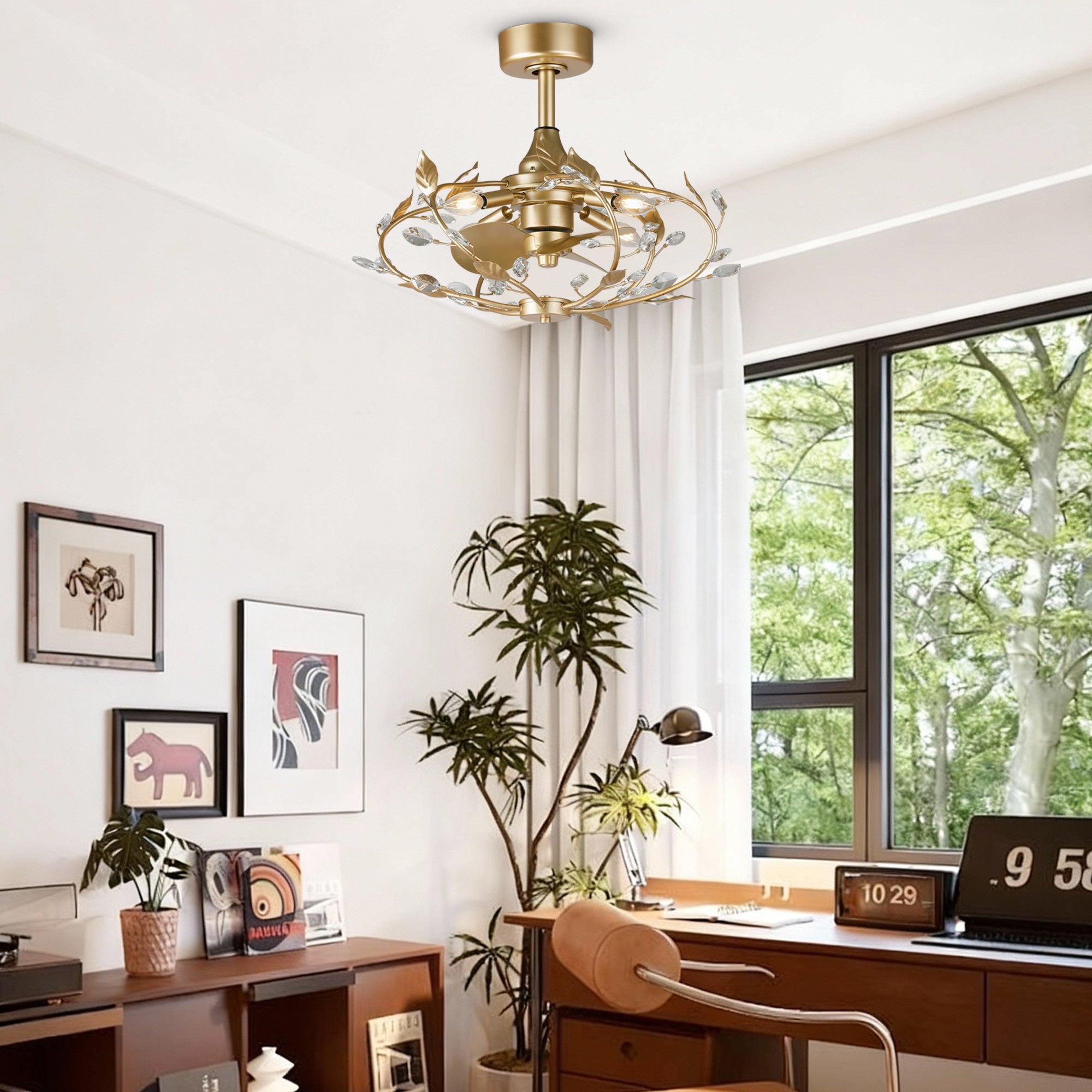 24 Inch Alexia Golden Crystal Ornament Fandelier with Remote Control