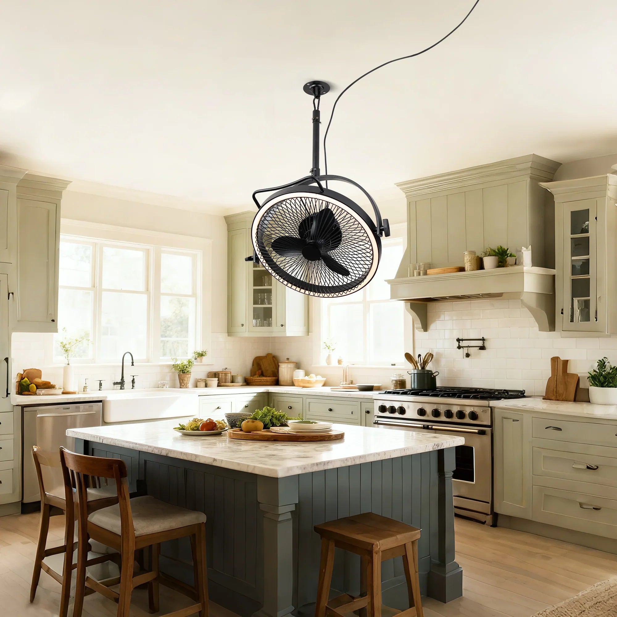 20 Inch Black Industrial Rotatable LED Downrod Fan Floor Fan with Remote Control