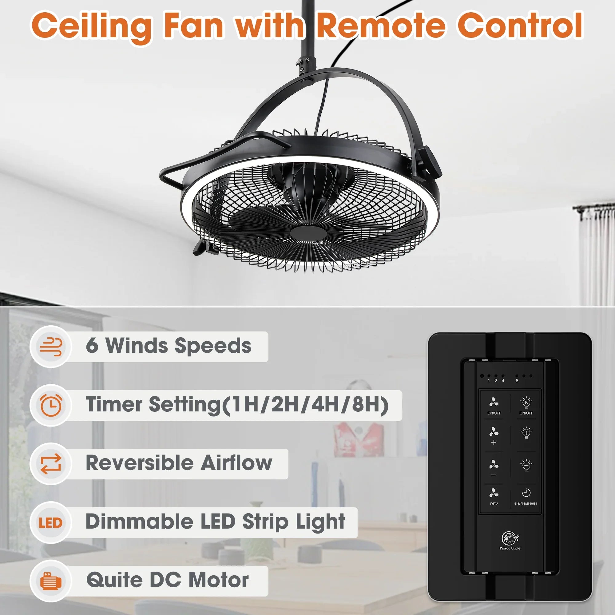 20 Inch Black Industrial Rotatable LED Downrod Fan Floor Fan with Remote Control