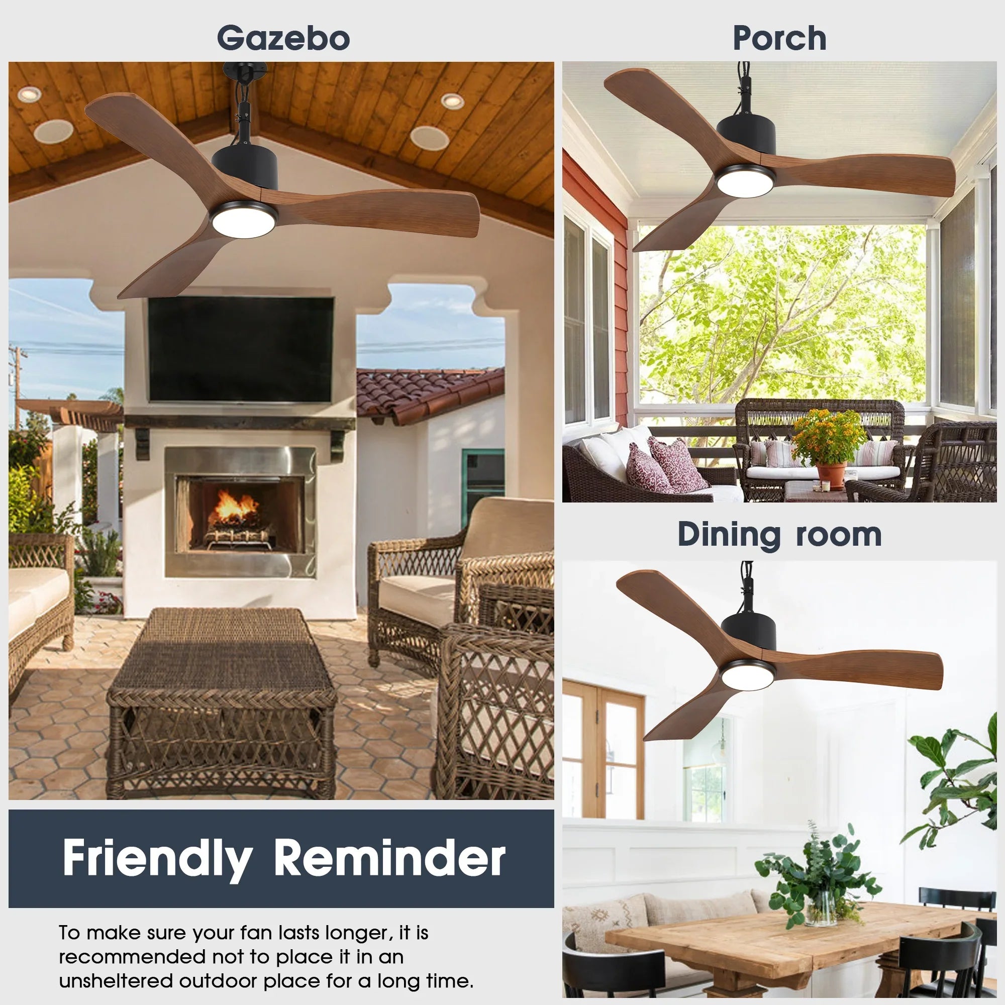 Ventilador de techo Dniester de 42 pulgadas IP65 para exteriores con motor de CC, moderno, con hebilla colgante y varilla bajante, color negro, con luz