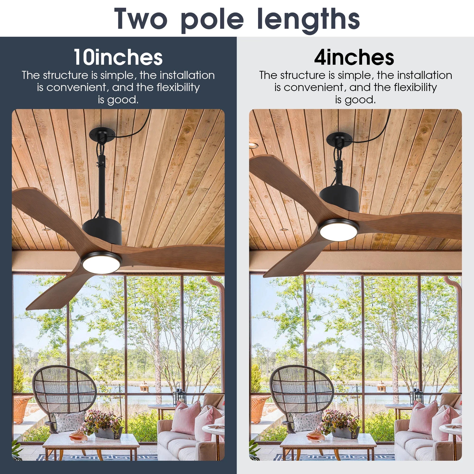 Ventilador de techo Dniester de 42 pulgadas IP65 para exteriores con motor de CC, moderno, con hebilla colgante y varilla bajante, color negro, con luz