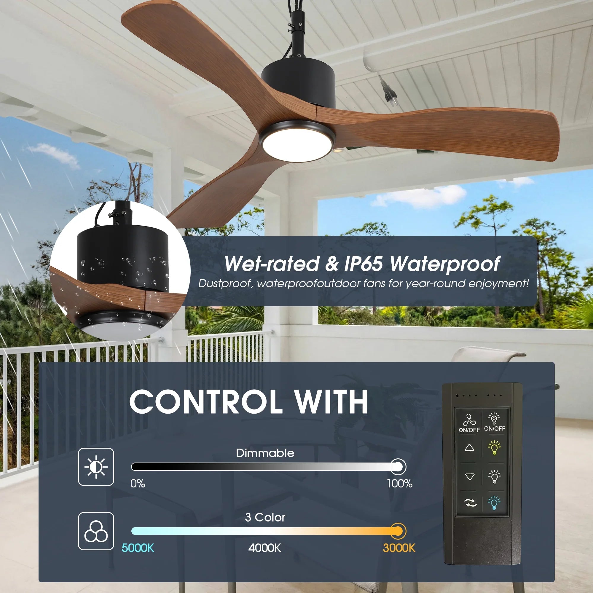 Ventilador de techo Dniester de 42 pulgadas IP65 para exteriores con motor de CC, moderno, con hebilla colgante y varilla bajante, color negro, con luz