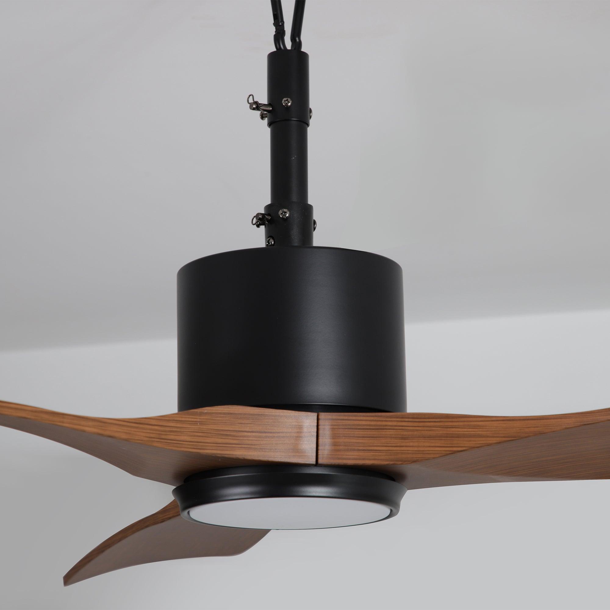Ventilador de techo Dniester de 42 pulgadas IP65 para exteriores con motor de CC, moderno, con hebilla colgante y varilla bajante, color negro, con luz