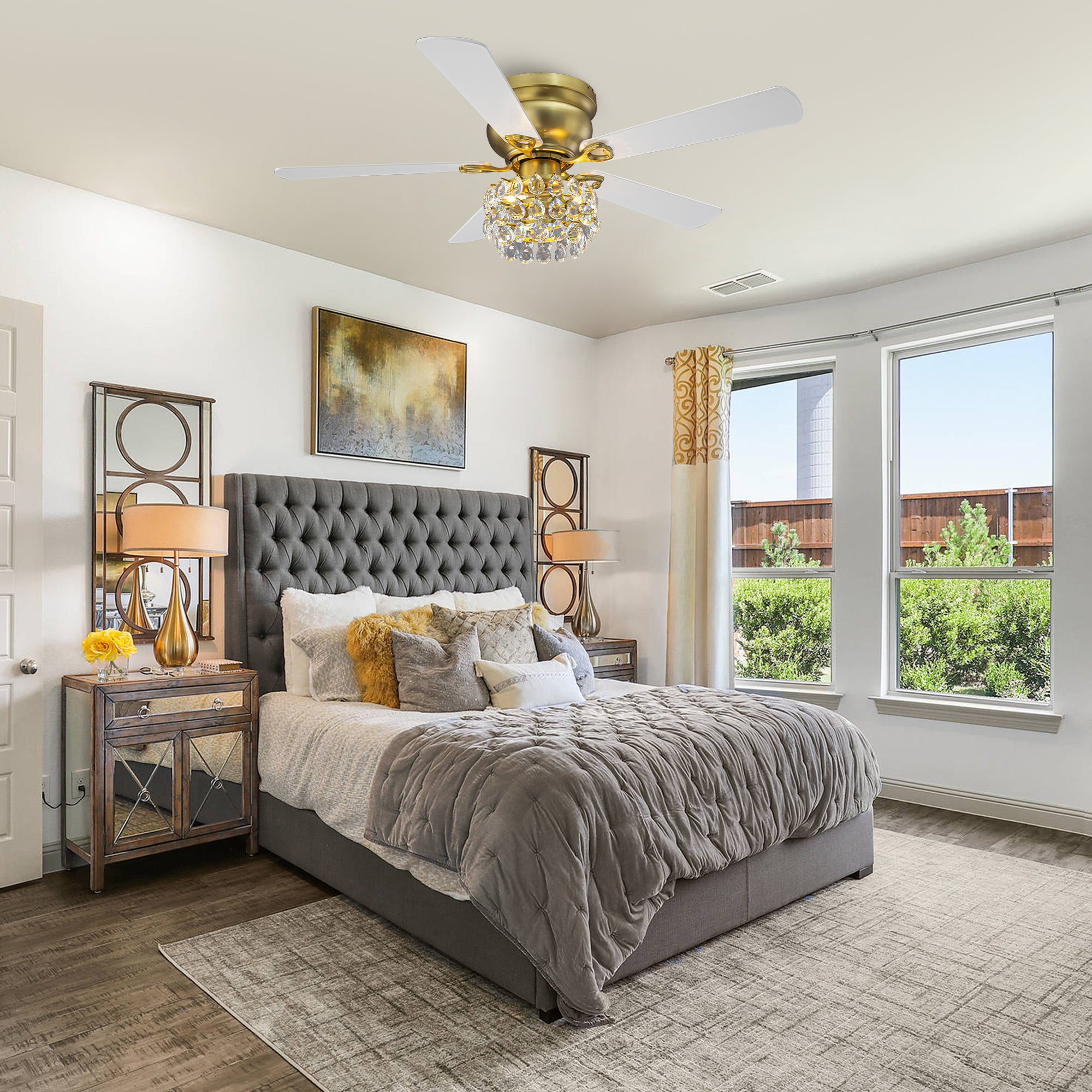 48 Inch Soft Brass Crystal Ornament Flush Mount Ceiling Fan with Light and Remote Control