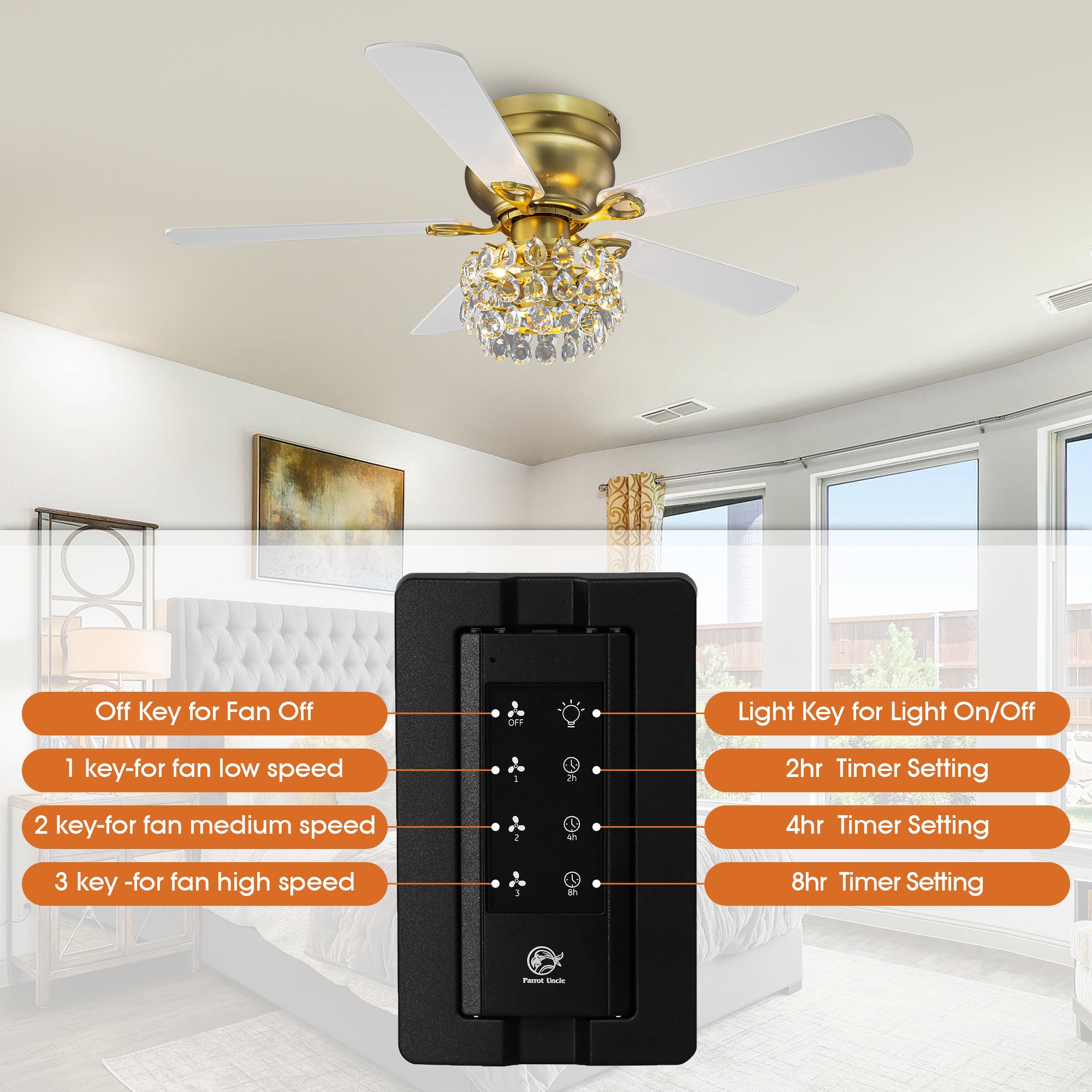 48 Inch Soft Brass Crystal Ornament Flush Mount Ceiling Fan with Light and Remote Control