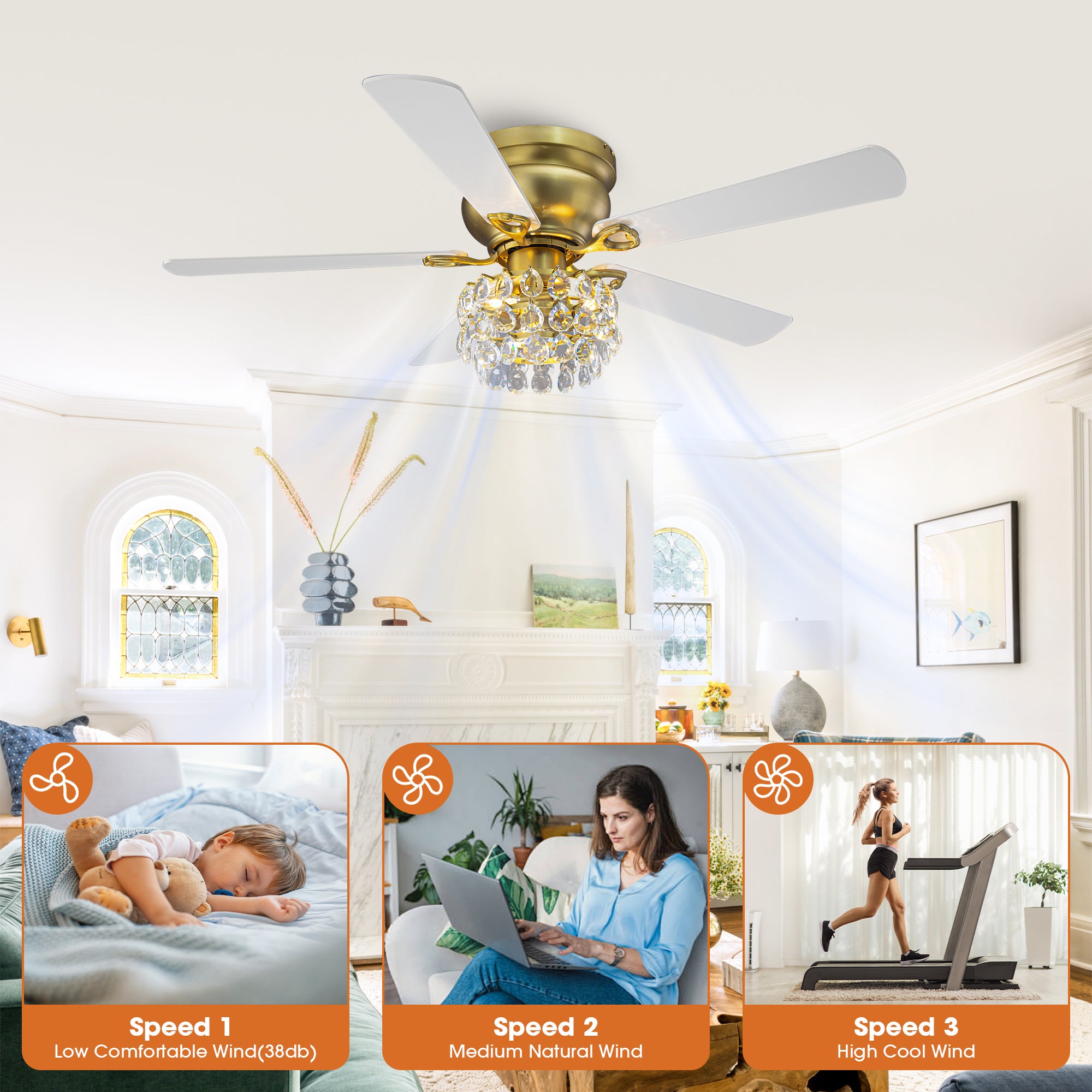 48 Inch Soft Brass Crystal Ornament Flush Mount Ceiling Fan with Light and Remote Control