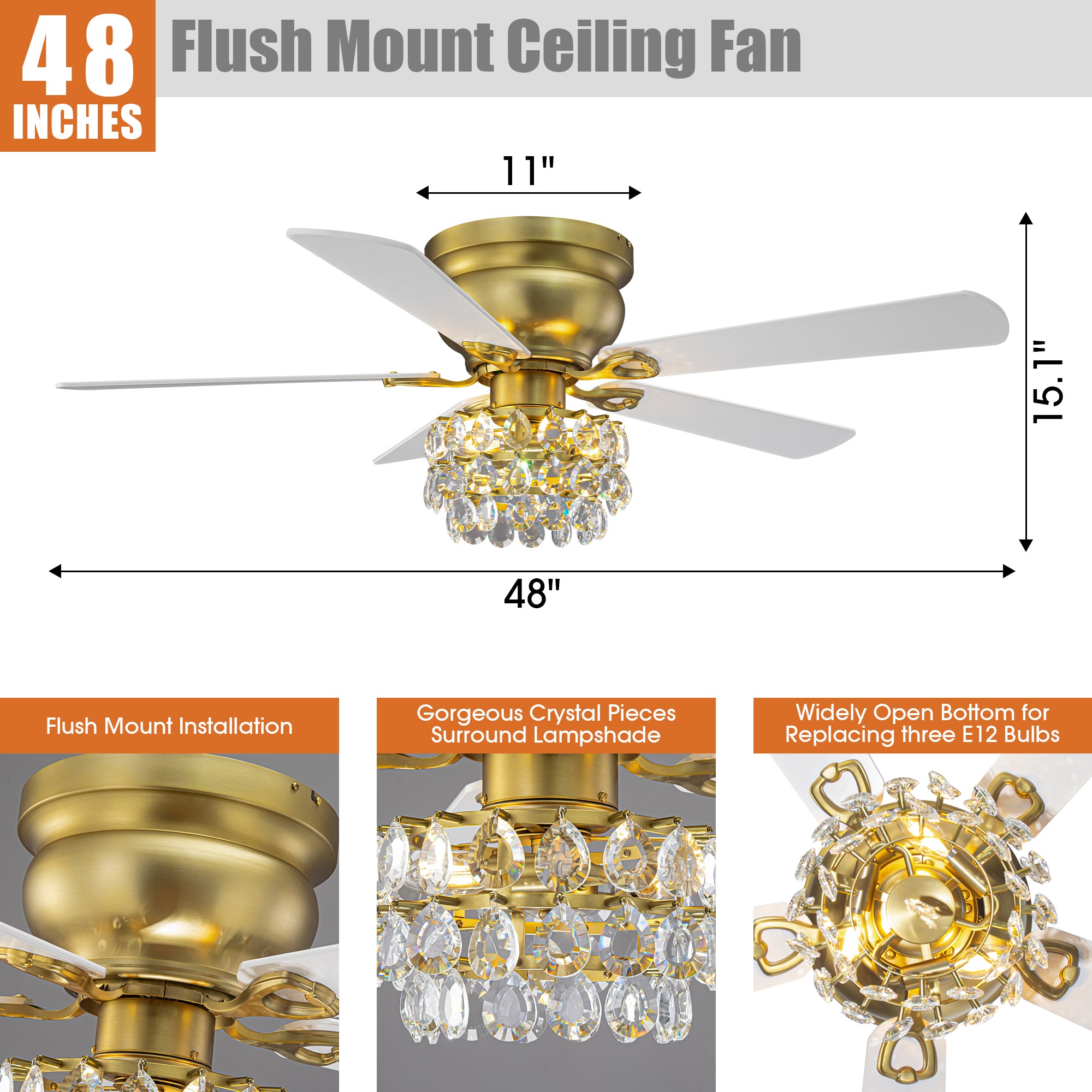48 Inch Soft Brass Crystal Ornament Flush Mount Ceiling Fan with Light and Remote Control