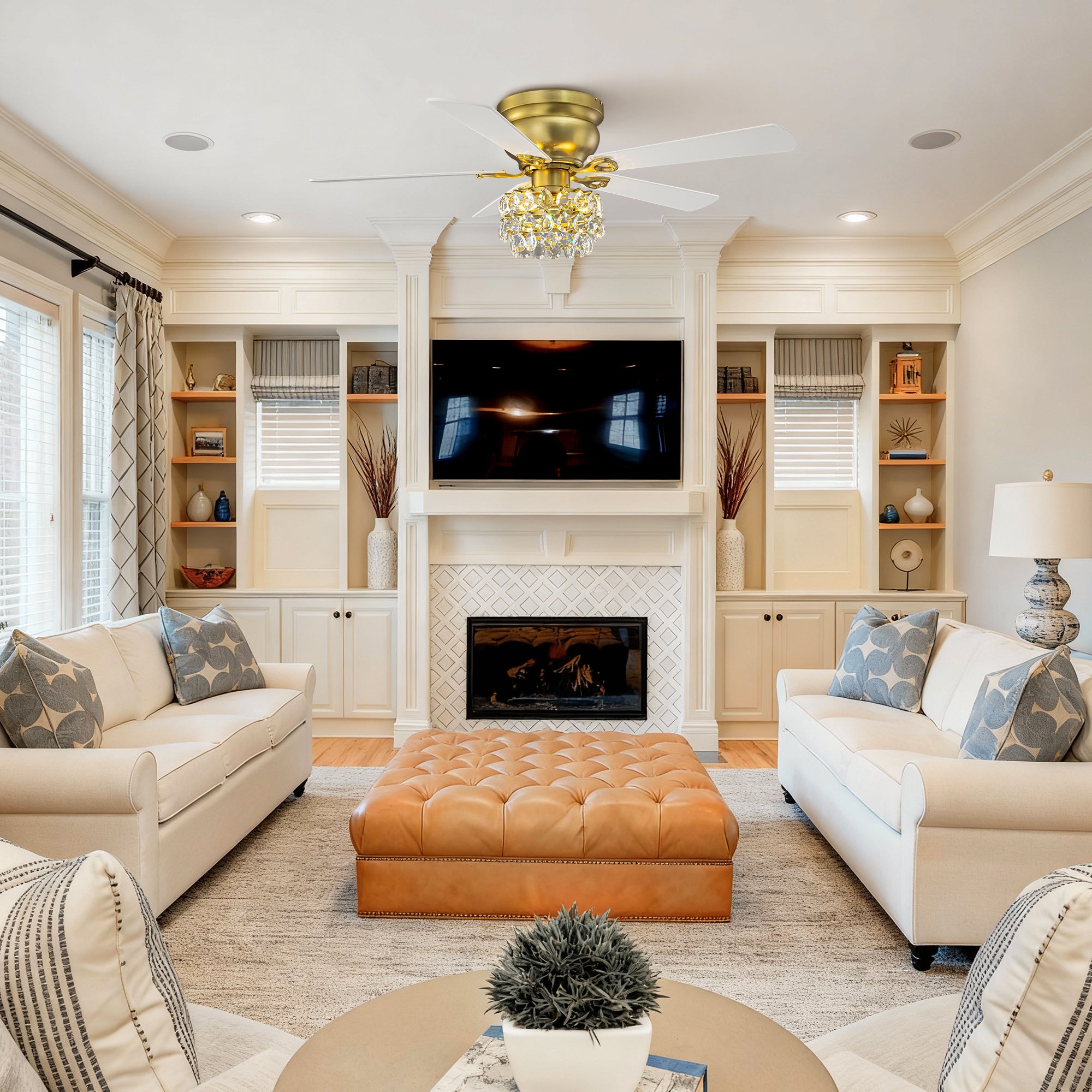 48 Inch Soft Brass Crystal Ornament Flush Mount Ceiling Fan with Light and Remote Control